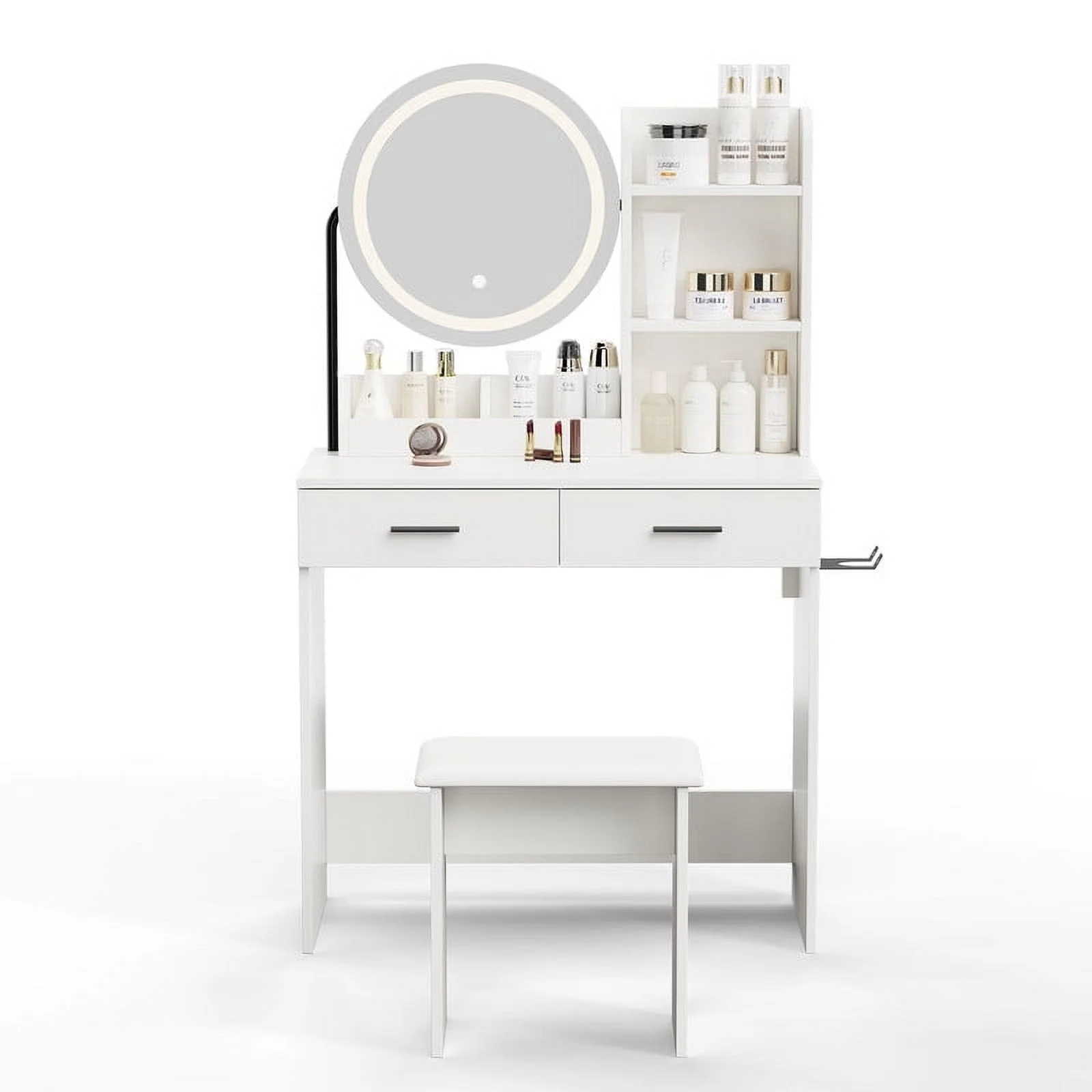 Vanity Desk with Chair, White Makeup Desk Set with Mirror & LED Lights, Vanity Table with Power Strip, 2 Drawers, 4 Shelves
