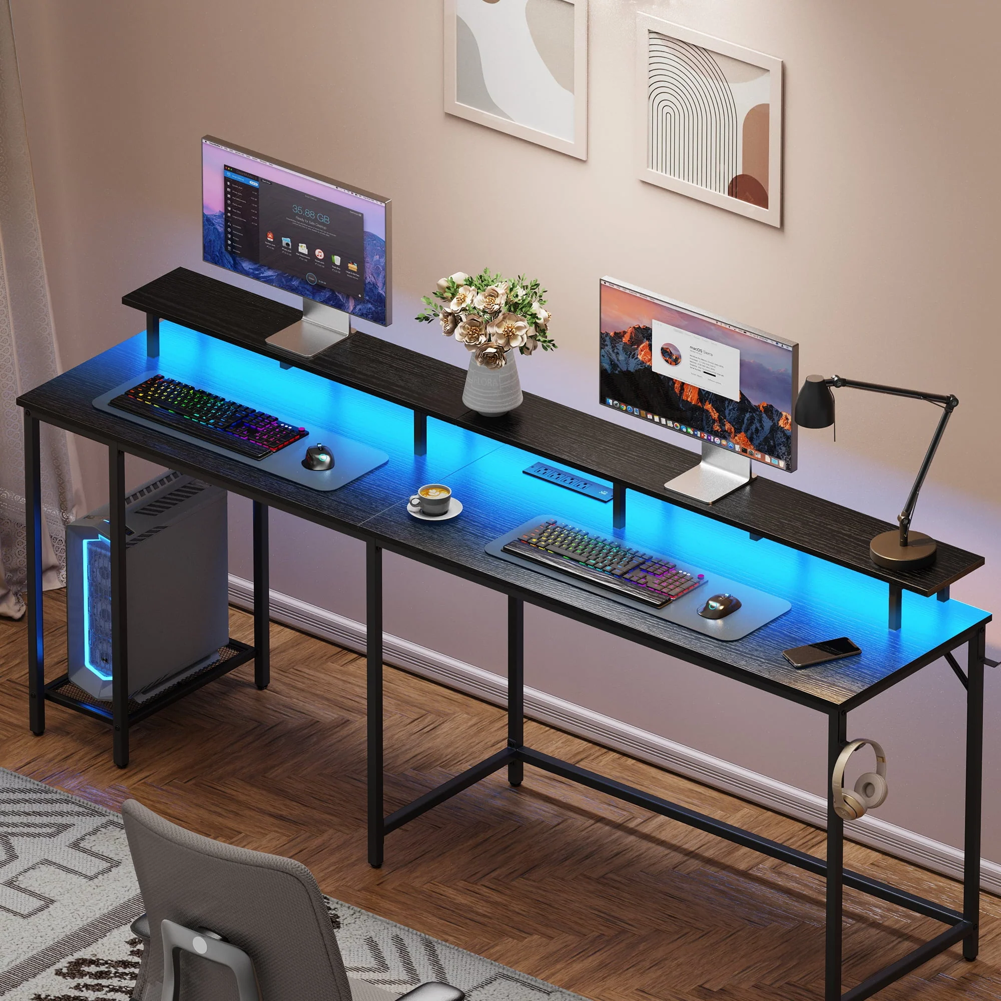 SUPERJARE L Shaped Desk with Outlets & USB Ports, Computer Desk with LED Light Strip, Corner Gaming Desk, L Office Desk, Monitor Stand, Hooks, and Storage Shelves, Black