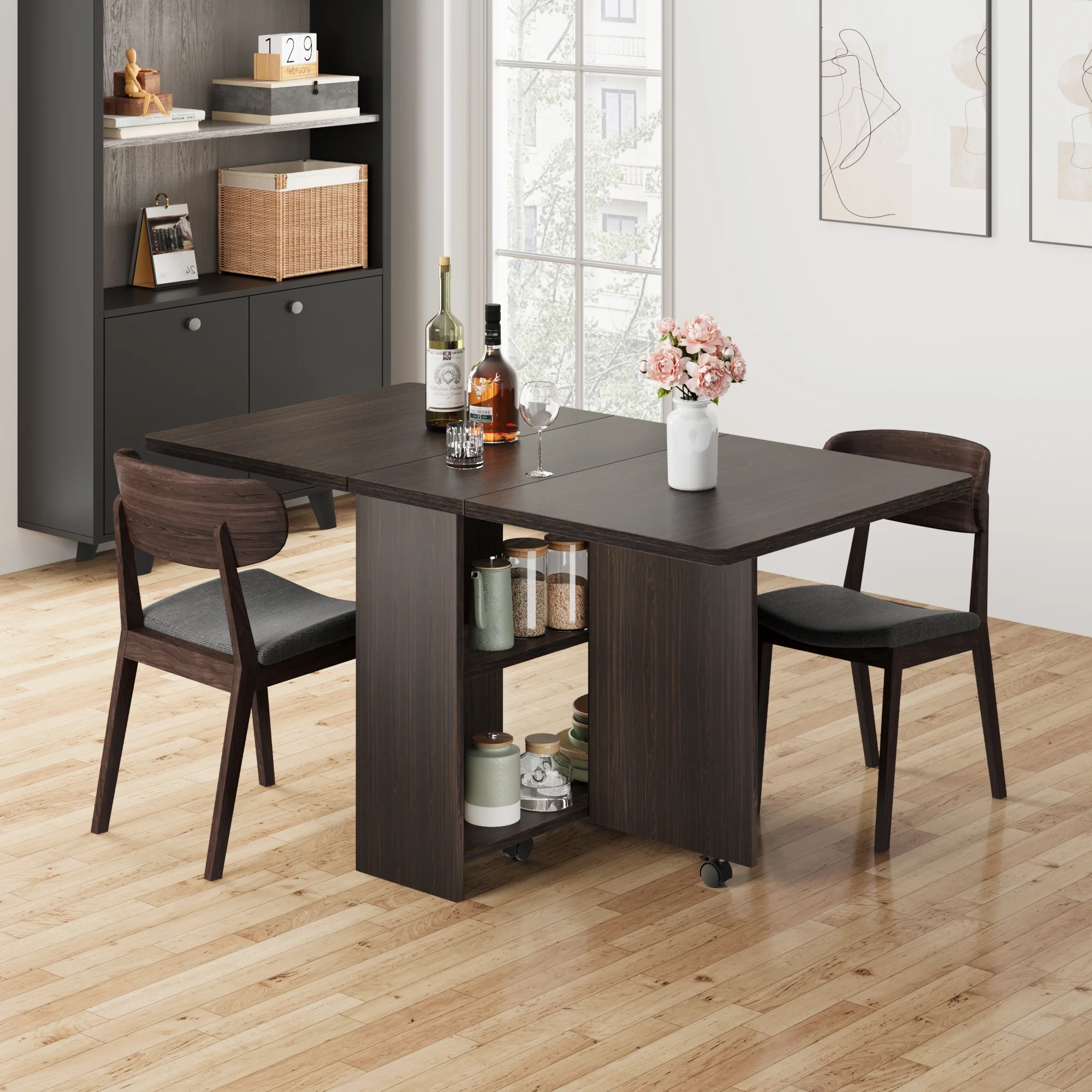 Danolapsi Folding Dining Table,Dinner Table with Wheels and 2-Layer Storage Shelf,Farmhouse Wood Kitchen Dining Room Tables Set for 4, Expandable Rectangle Dinner Kitchen Office Furniture