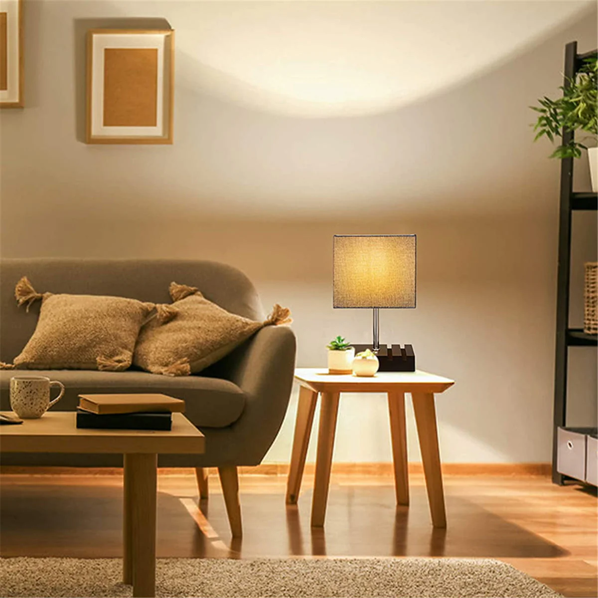 Touch Control Table Lamp with 2 USB Charging Ports, 1 AC Outlets and 2 Phone Stands, Modern USB Desk Lamp with Black Wooden Base and Grey Shade Suitable for Bedroom, Living Room