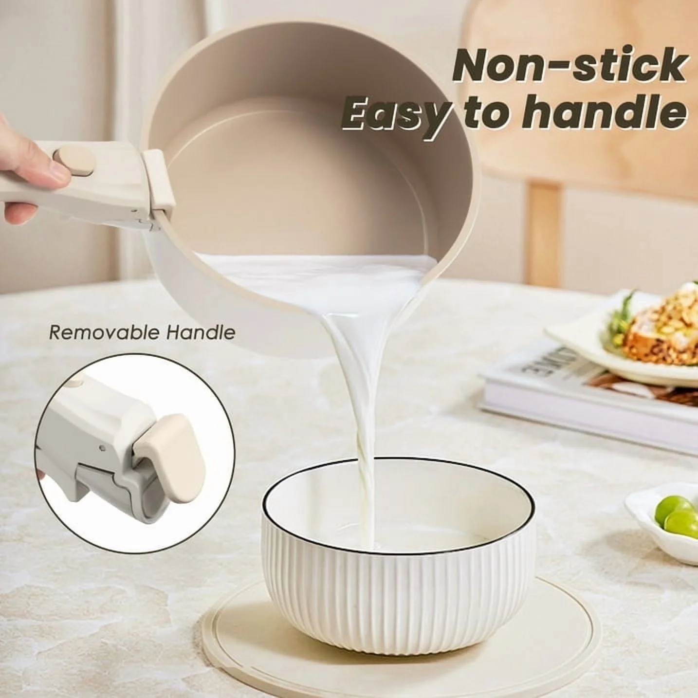 Kikcoin 21 pieces Pots and Pans, Nonstick Cookware Set with Detachable Handles, Dishwasher-Safe Pot and Pan Set(Beige)