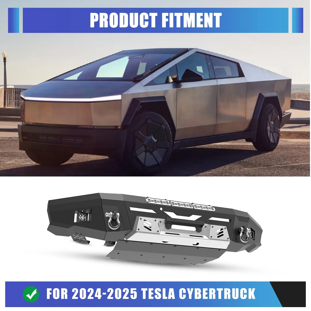 Heavy Duty Steel Front Bumper Fit for 2024 2025 Tesla Cybertruck,Bumper with Side Wings & Winch Plate & Skid Plate,with D-Rings w/LED Pod Lights