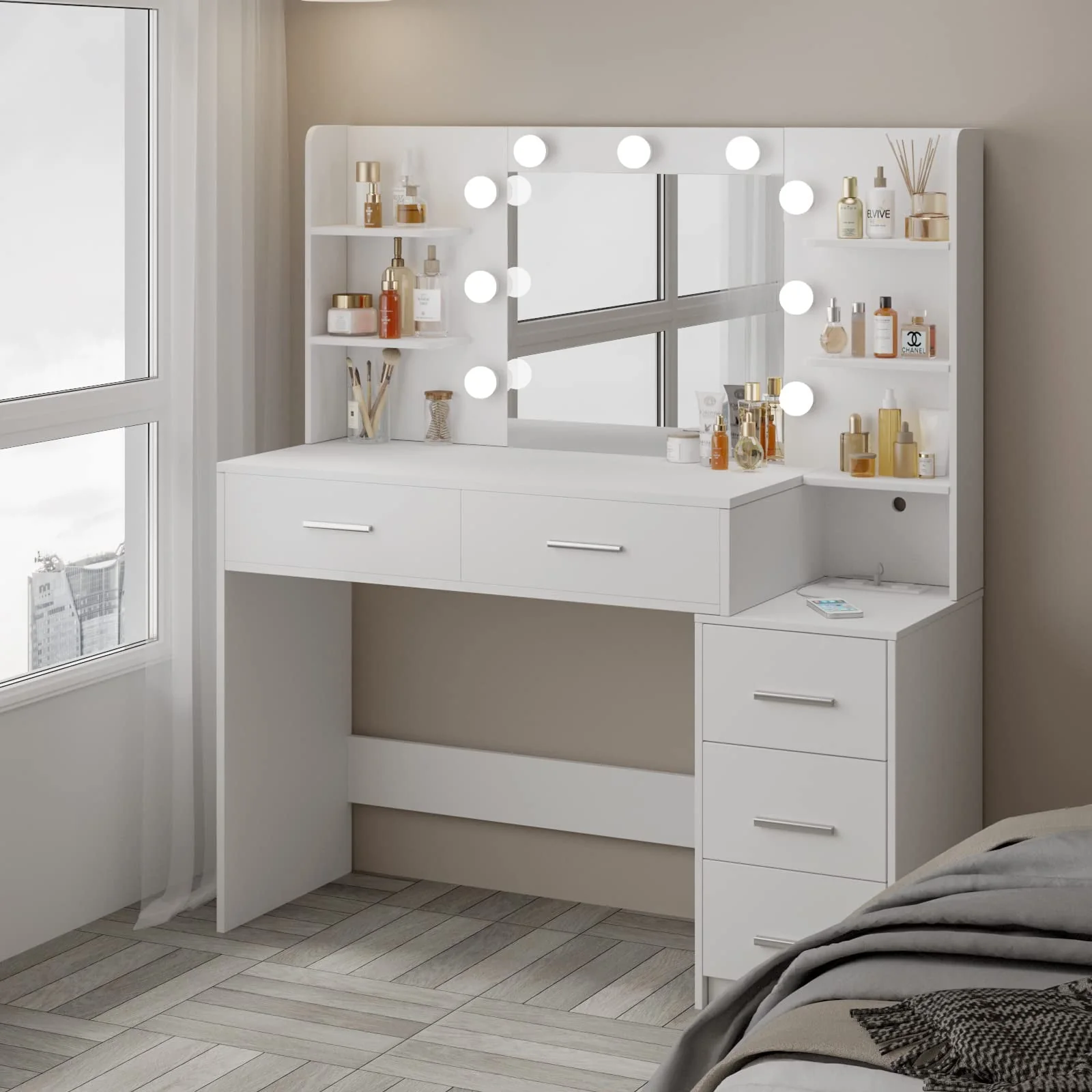 Makeup Vanity with Mirror and Lights,3 Lighting Colors,Bedroom Vanity Table with Charging Station,White Make Up Desk with 5 Drawers Storage and Open Shelves