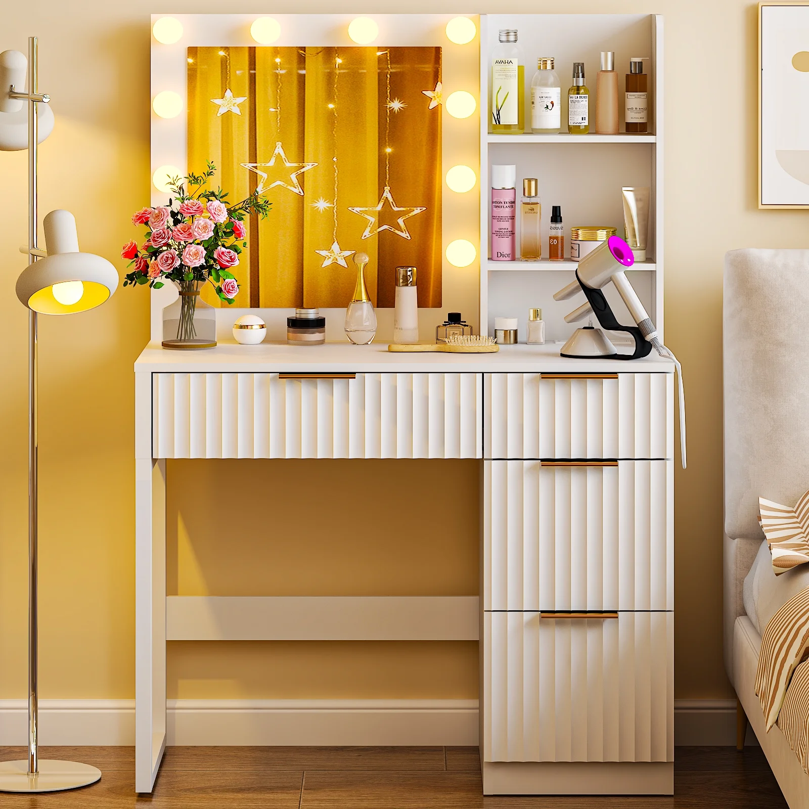 Ktaxon Vanity Set with 3 Color Lighted Mirror, Makeup Table with 3 Storage Shelves & Drawers, Dressing Table Makeup Desk with Stool,White