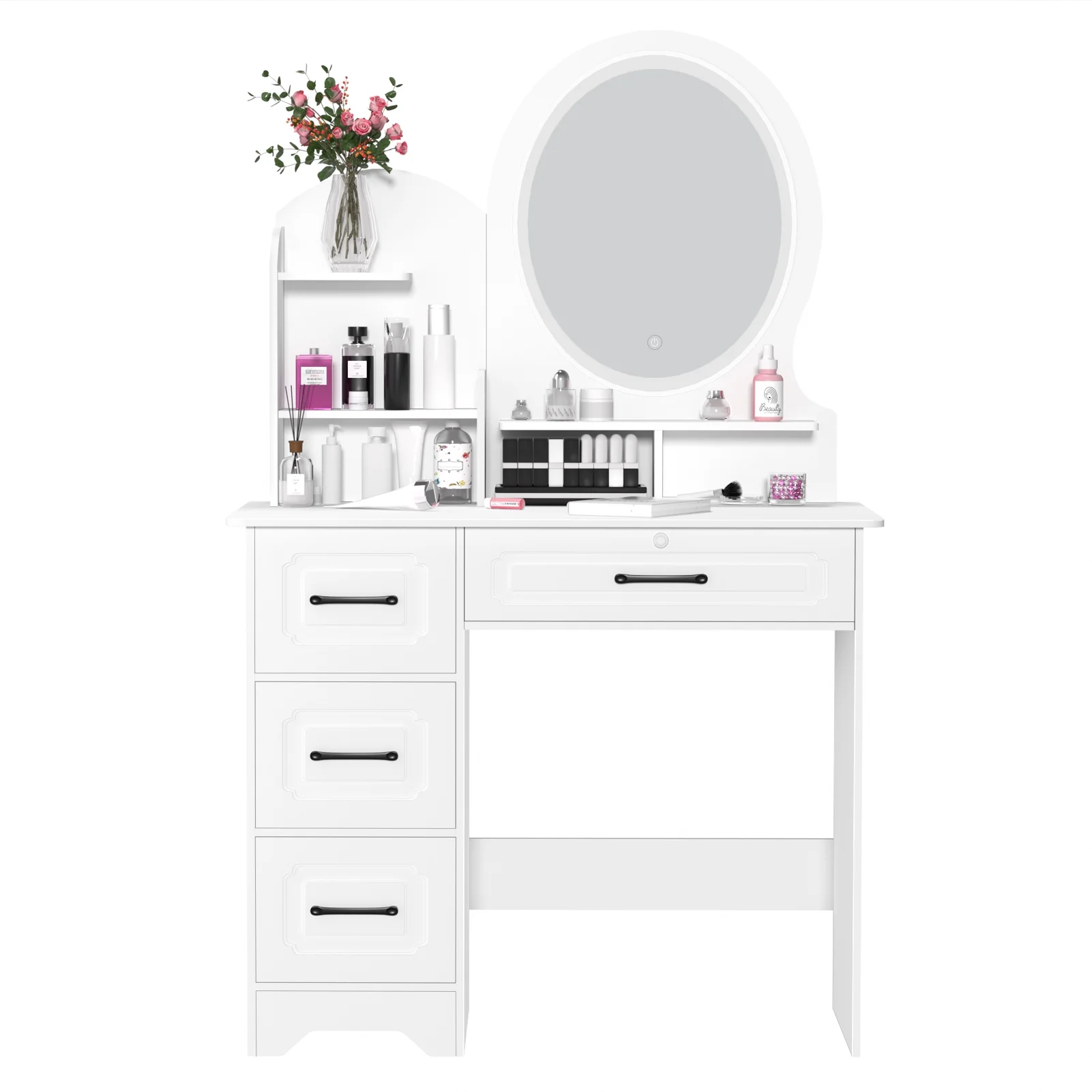 Anvazise Makeup Desk with Mirror, Large Vanity Desk with Storage Shelves, 4 Drawers, Makeup Vanity Table with Light, Bedroom Dressing Table