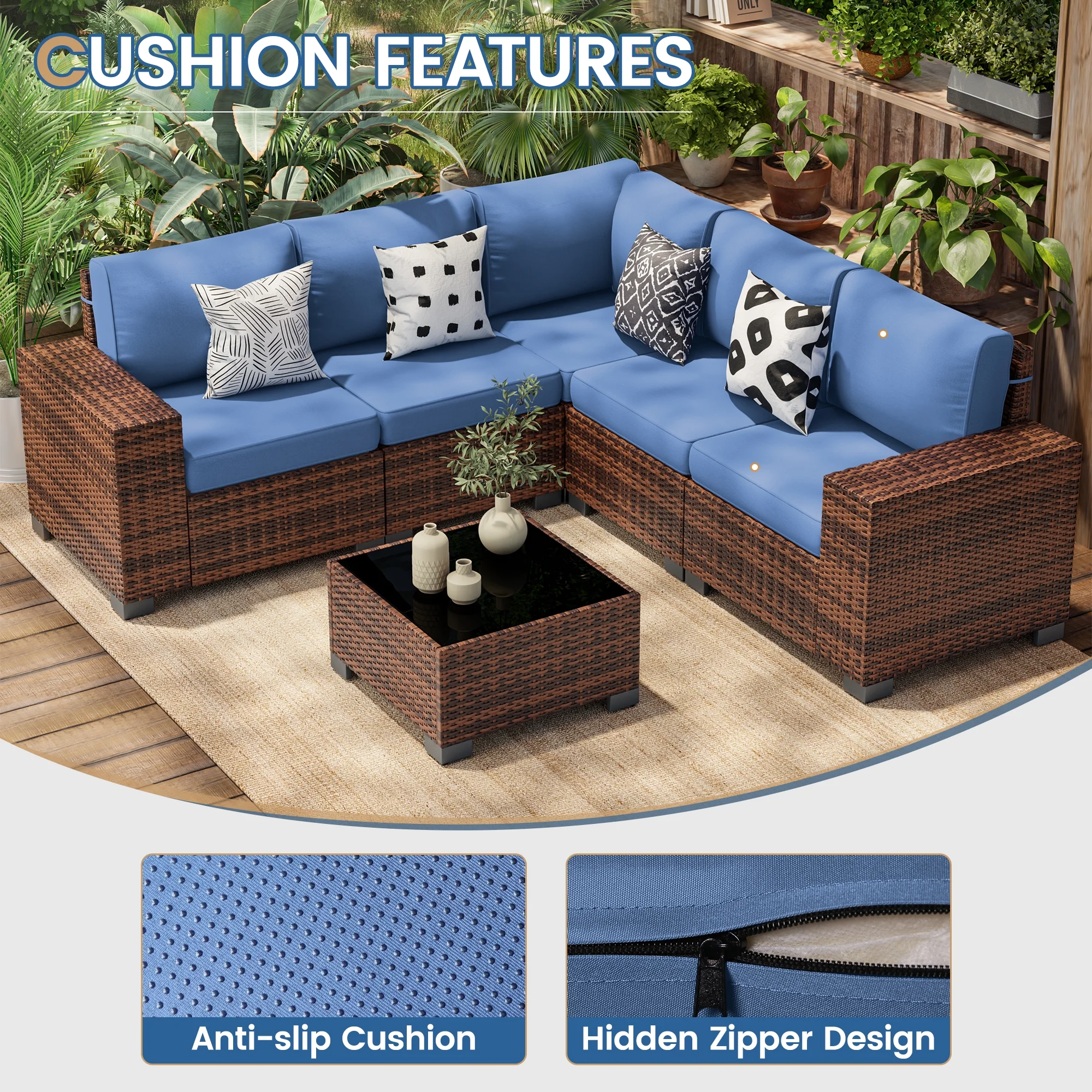 Poteban Patio Furniture Set 6 PCS Outdoor Sectional Conversation Sets Featuring Widen Wicker Armrests and High Back, Black (Waterproof Covers Included)