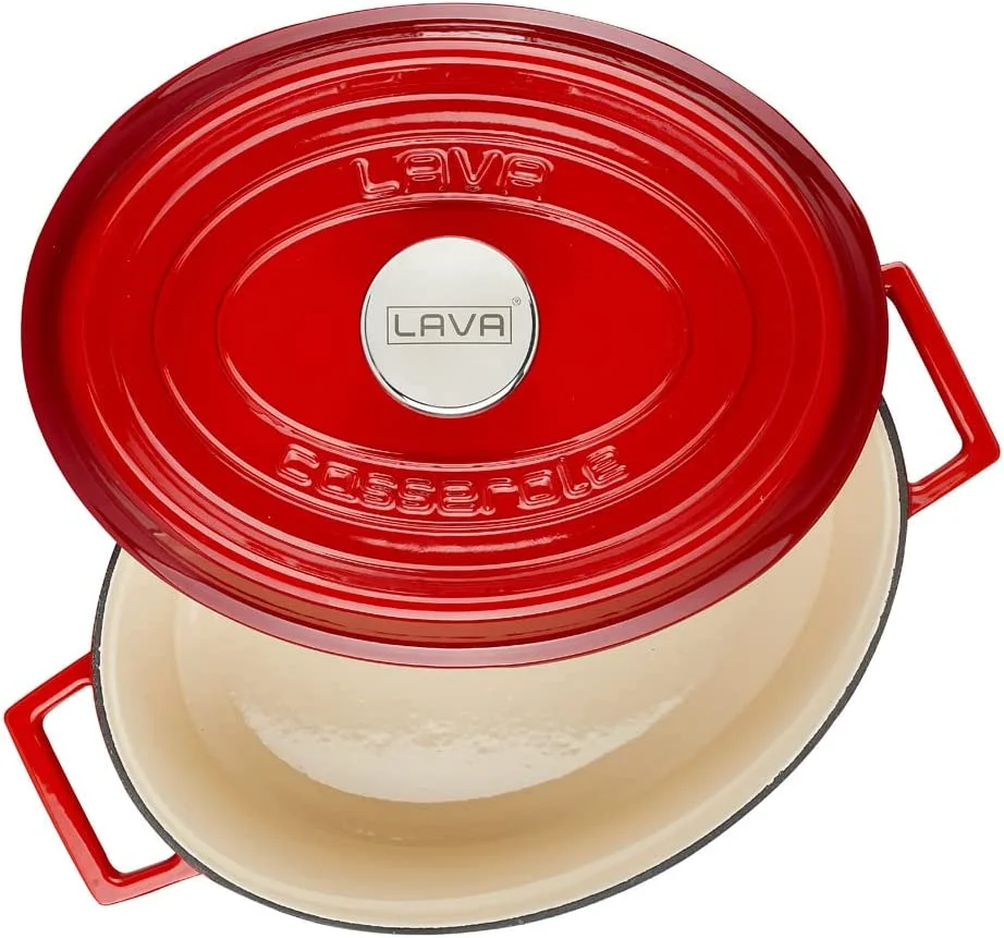 LAVA 6.75 Quarts Cast Iron Dutch Oven: Multipurpose Stylish Oval Shape Dutch Oven Pot with Three Layers of Enamel Coated with Trendy Lid (Blue)