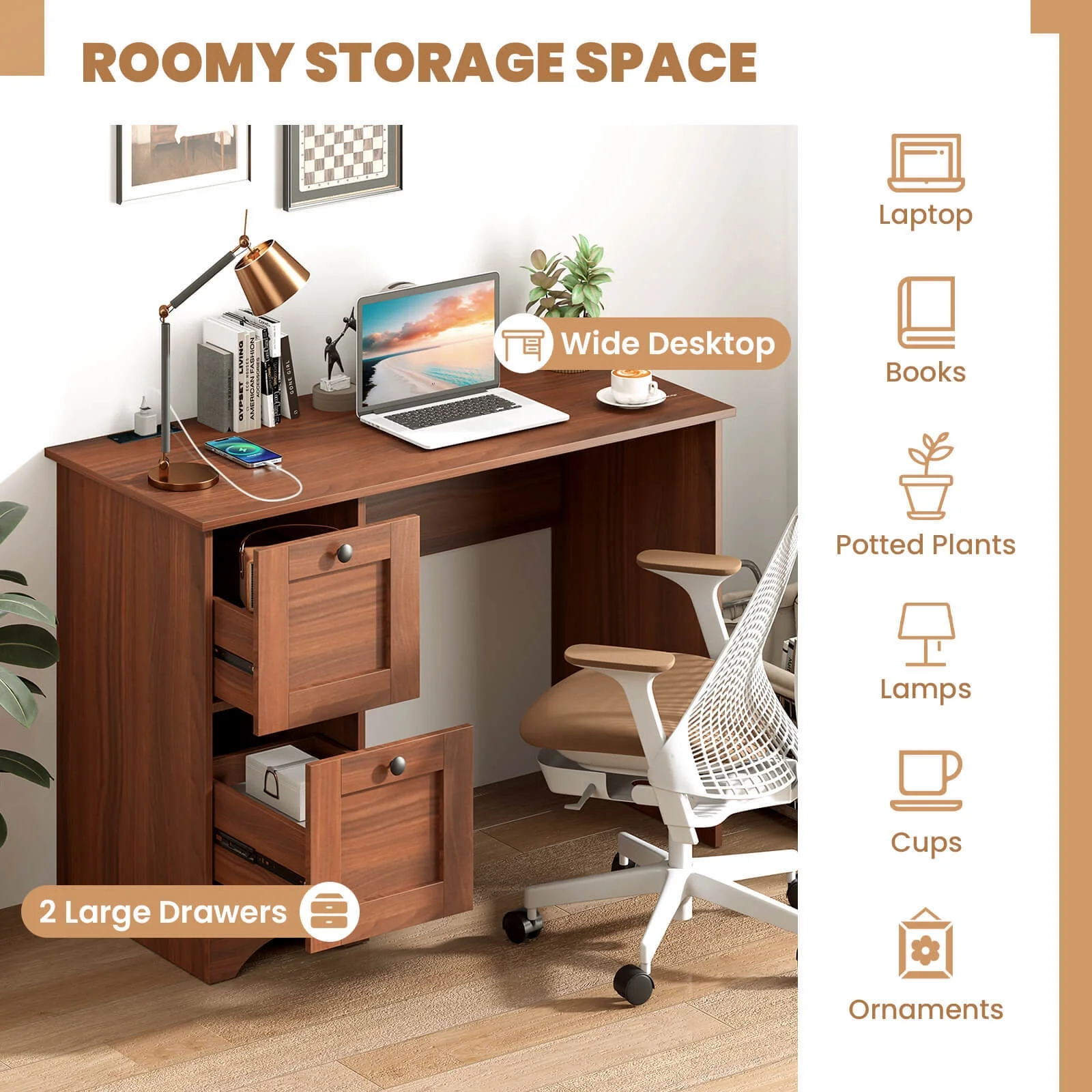 BHUIK Vintage Computer Desk with Charging Station, 43