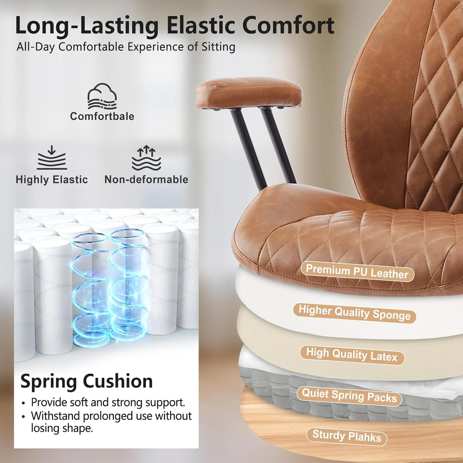 QW Home Office Desk Chair Office Rubber Casters Ergonomic Computer Chair with Lumbar Support Adjustable Height Rolling Swivel Executive Task Armrests Chair??? Brown Leather