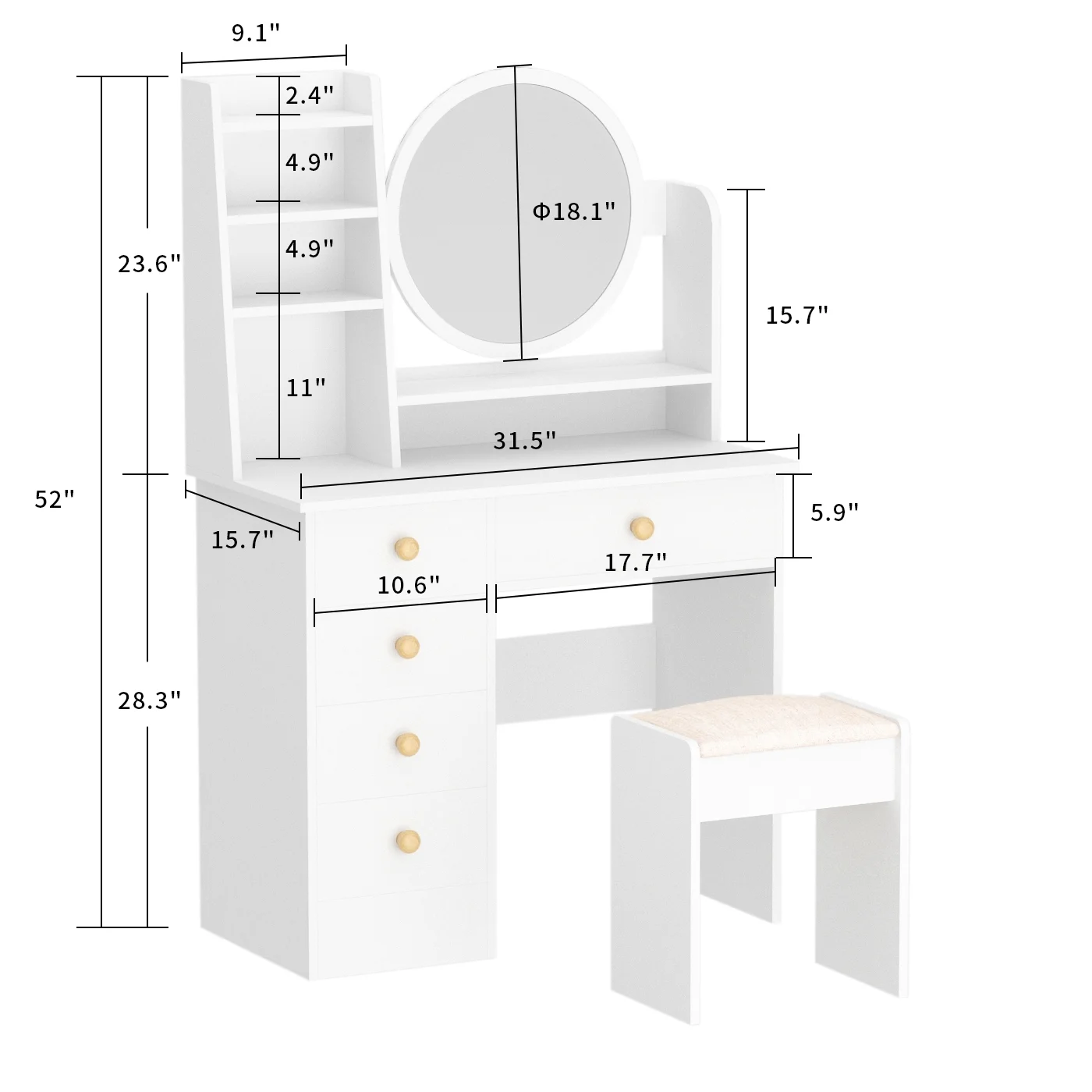 KULAGAGA Vanity Table Set with Light Mirror, Makeup Table with 3 Storage Shelves & 5 Drawers, Dressing Vanity Tables with , Dresser Desk for Girls, Women, White