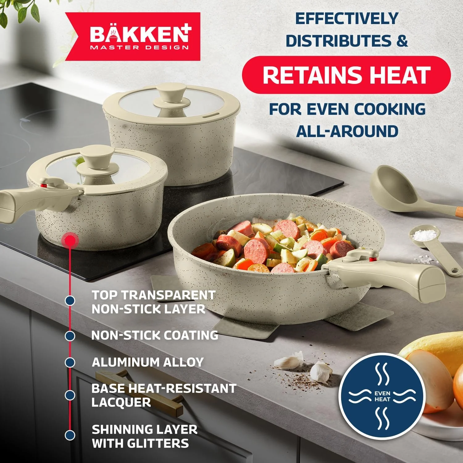 Bakken Master 38 Piece Granite Cookware and Bakeware Set �C Nonstick Granite Coating, Pots and Pans with Detachable Handles and Tempered Glass Lids, 6-piece Bakeware set, 12-piece Mixing Bowls,Brown