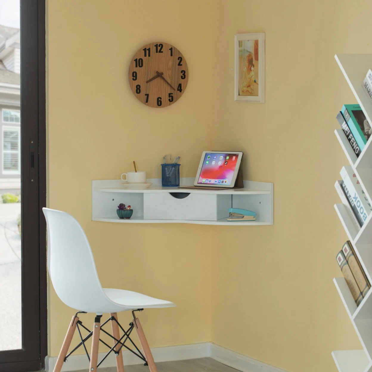 Corner Desk Heart  Shaped Wall Mounted Office Table with Drawer and Two Shelves Computer Writing Desk