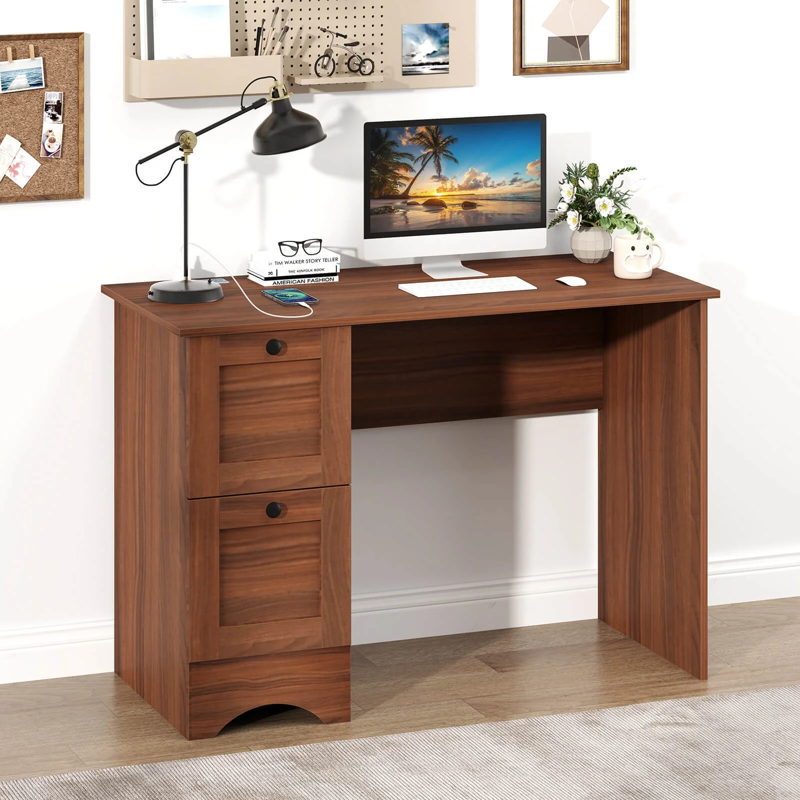 BHUIK Vintage Computer Desk with Charging Station, 43