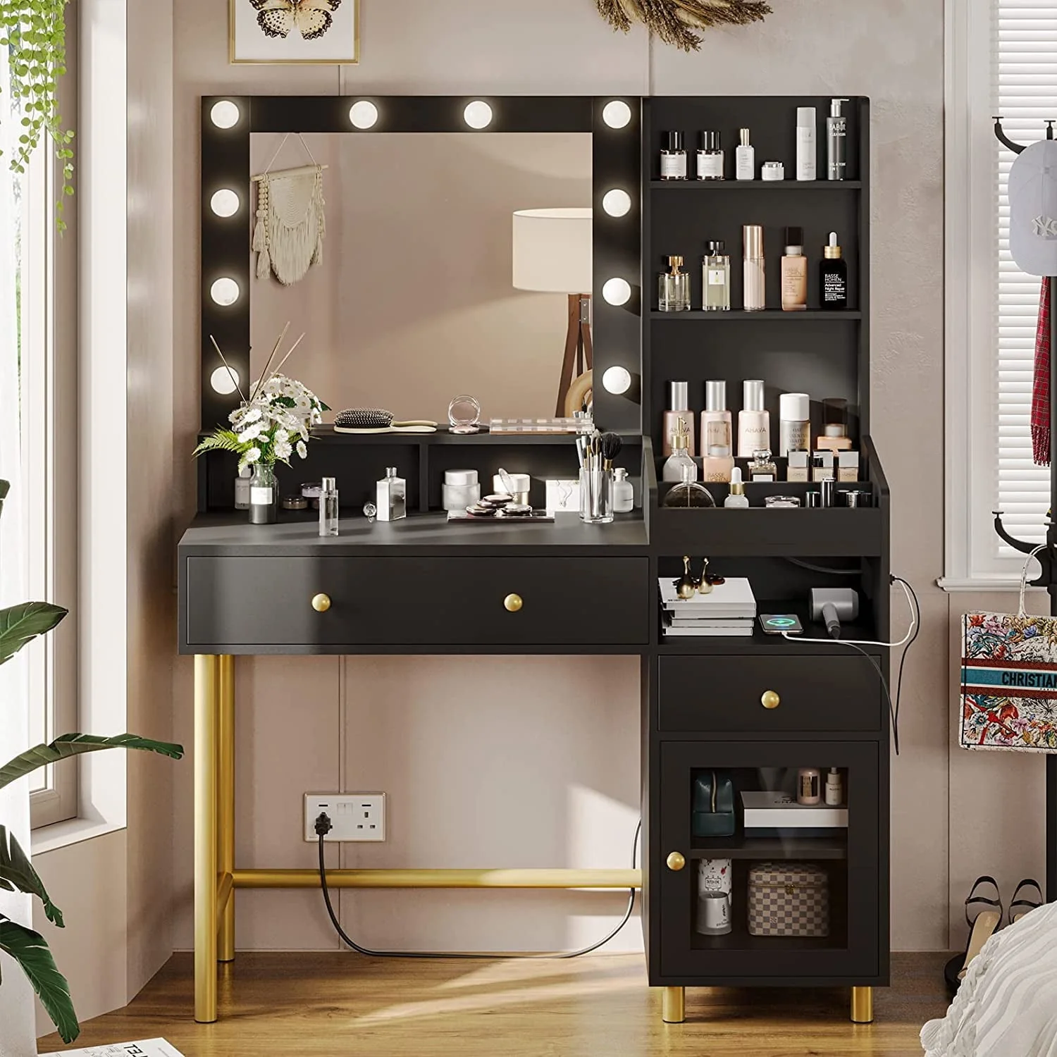 Makeup Vanity Desk with Lighted Mirror and Drawers, Vanity Desk Table Dressing Table with Charging Station & Lights for Bedroom, Black