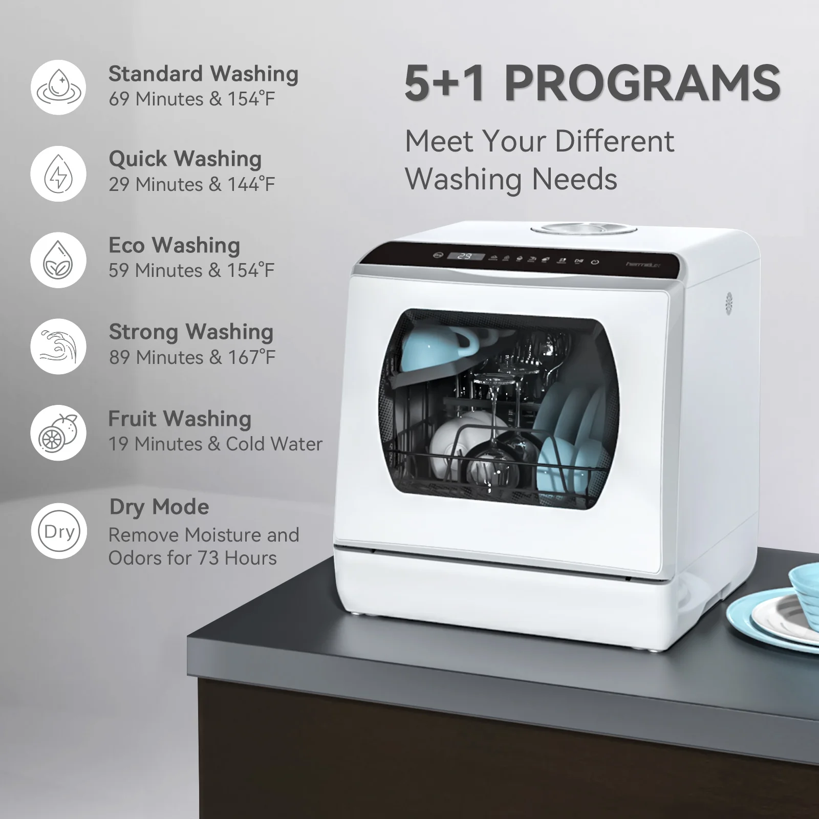Hermitlux Portable Countertop Dishwasher, 5 Washing Programs, 5L Built-in Water Tank and Air-Dry Function, HMX-DW03