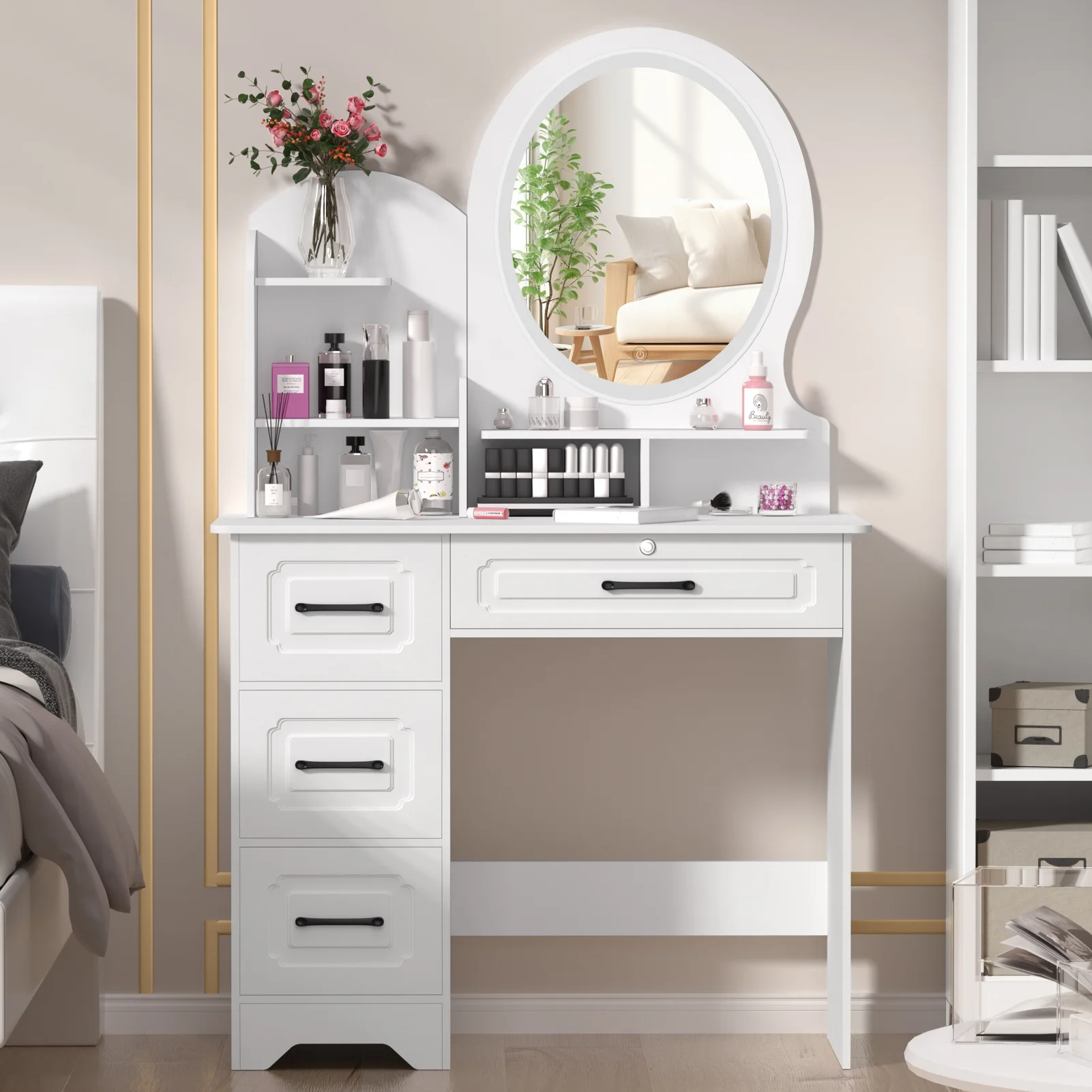 Zksm Vanity Desk with 4 Drawers & Storage Shelves, Vanity Mirror with Lights, Makeup Vanity Table for Bedroom, 3 Lighting Colors, White