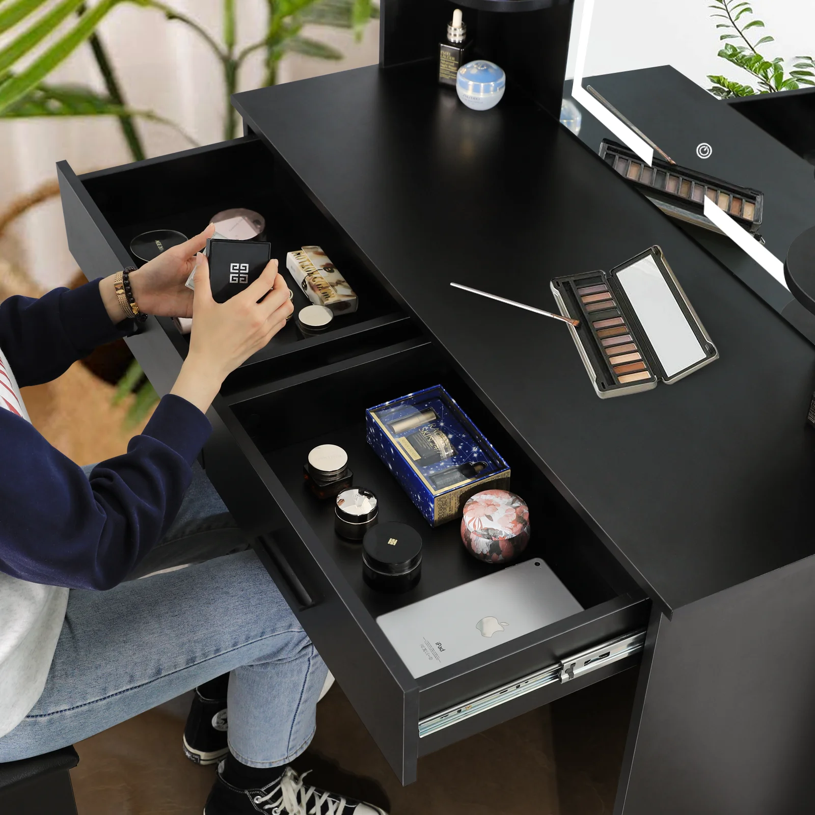 RichYa Modern Makeup Vanity Set with Lights Mirror and Drawers,White Makeup Desk,Dressing Table