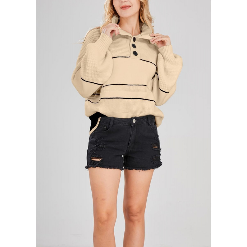 Women's Slouchy Waffle Knit Sweater 1/2 Button Polo