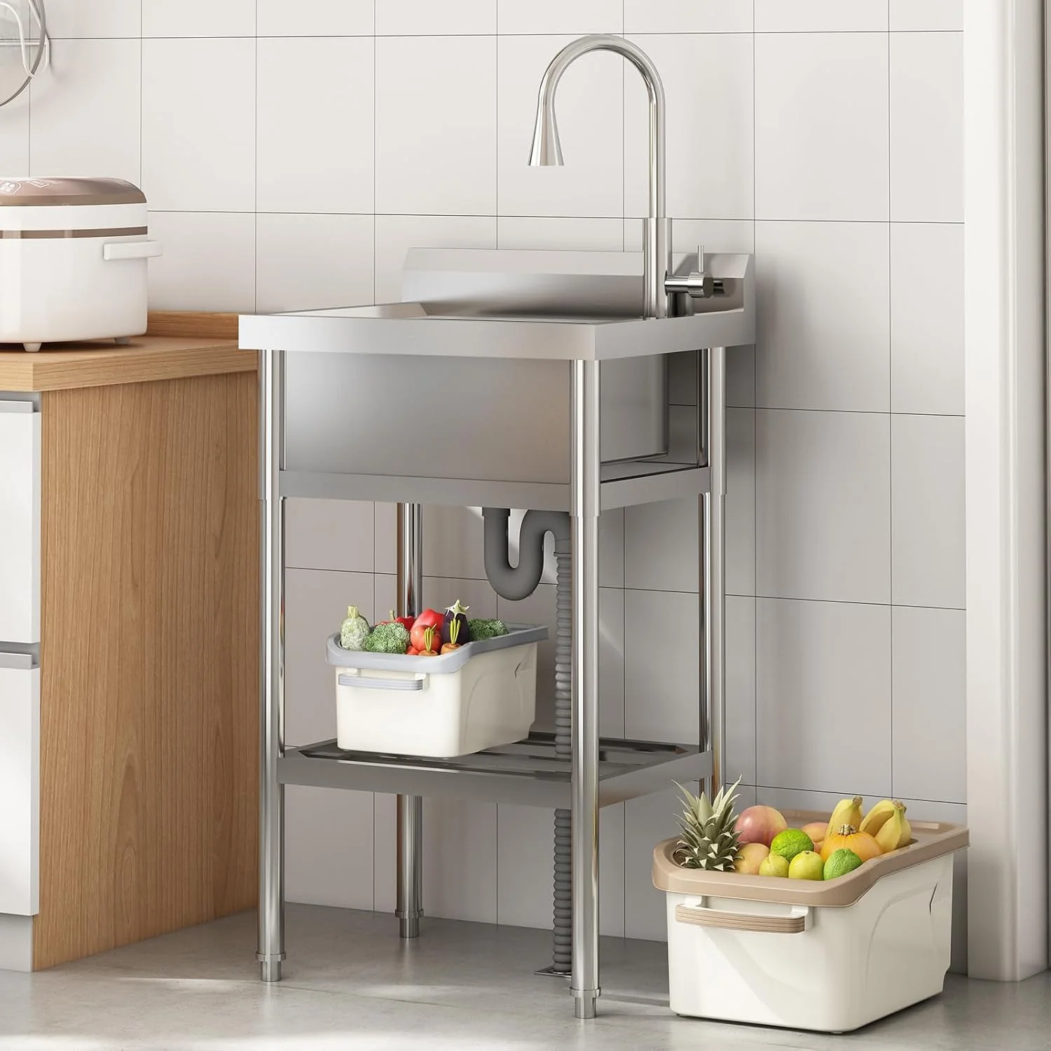 TROPOW 24x20x42 Inch Stainless Steel Utility Sink, Freestanding Single Bowl with Cold and Hot Water Hose and Faucet, Commercial Sink Kitchen Sink for Restaurant Laundry Room Bathroom Garage Garden