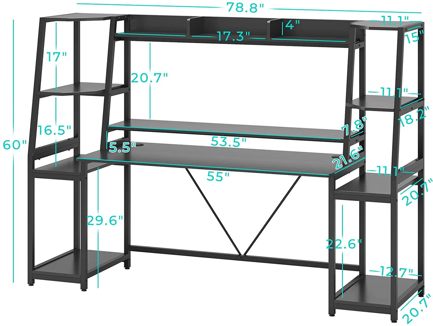 78.8 Inches Gaming Desk with LED Lights, Hutch and Storage Shelves, Ergonomic Computer Desk, Black