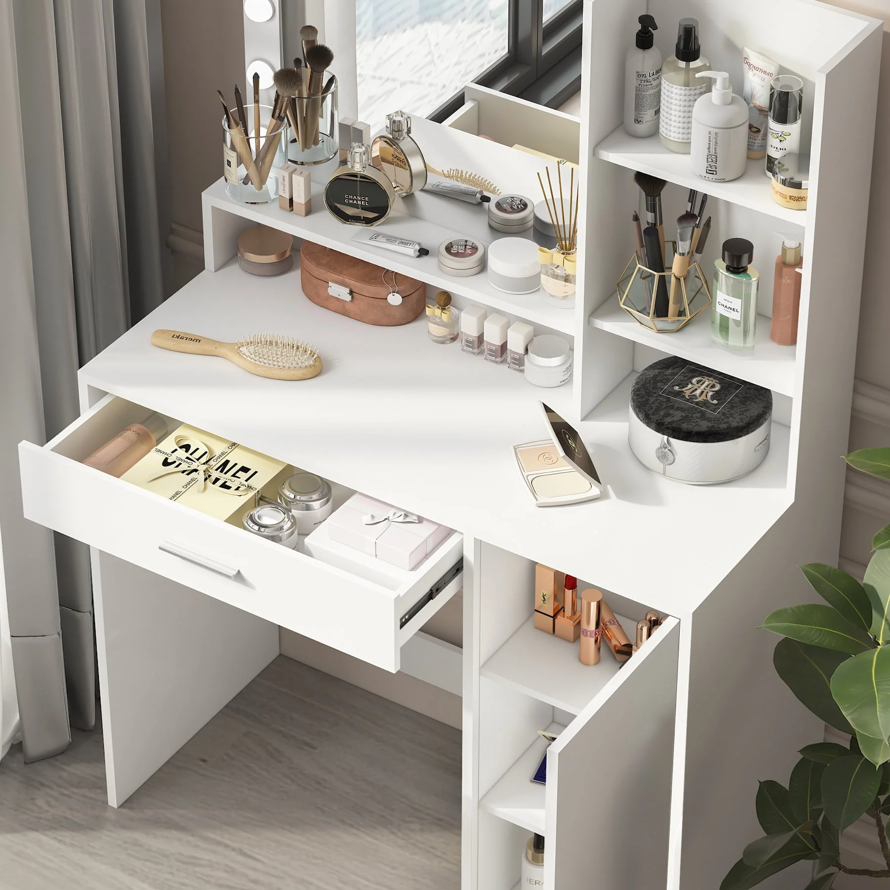 Palimder Vanity Desk, Large Drawer & 3 Level Storage Dresser, Bedroom Dressing Table White