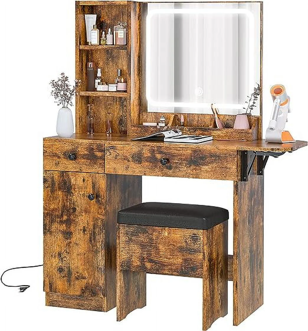IRONCK Vanity Desk with LED Lighted Mirror & Power Outlet, Makeup Table with Drawers & Cabinet,Storage Stool,for Bedroom, White