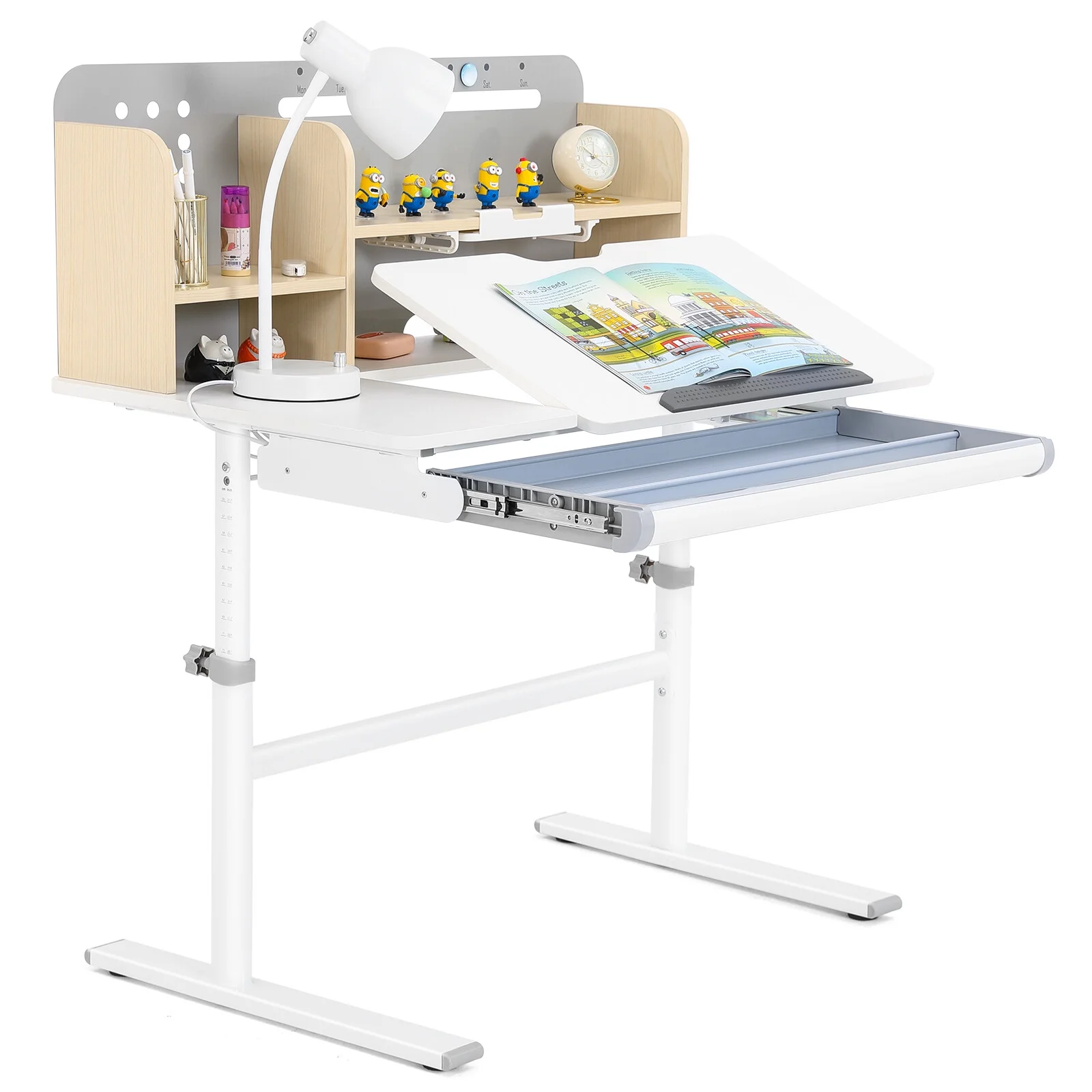 Adjustable Height Ergonomic Kids Study Desk & Chair Set Children Students Drafting Table Home School with Shelf,Drawer(Gray)