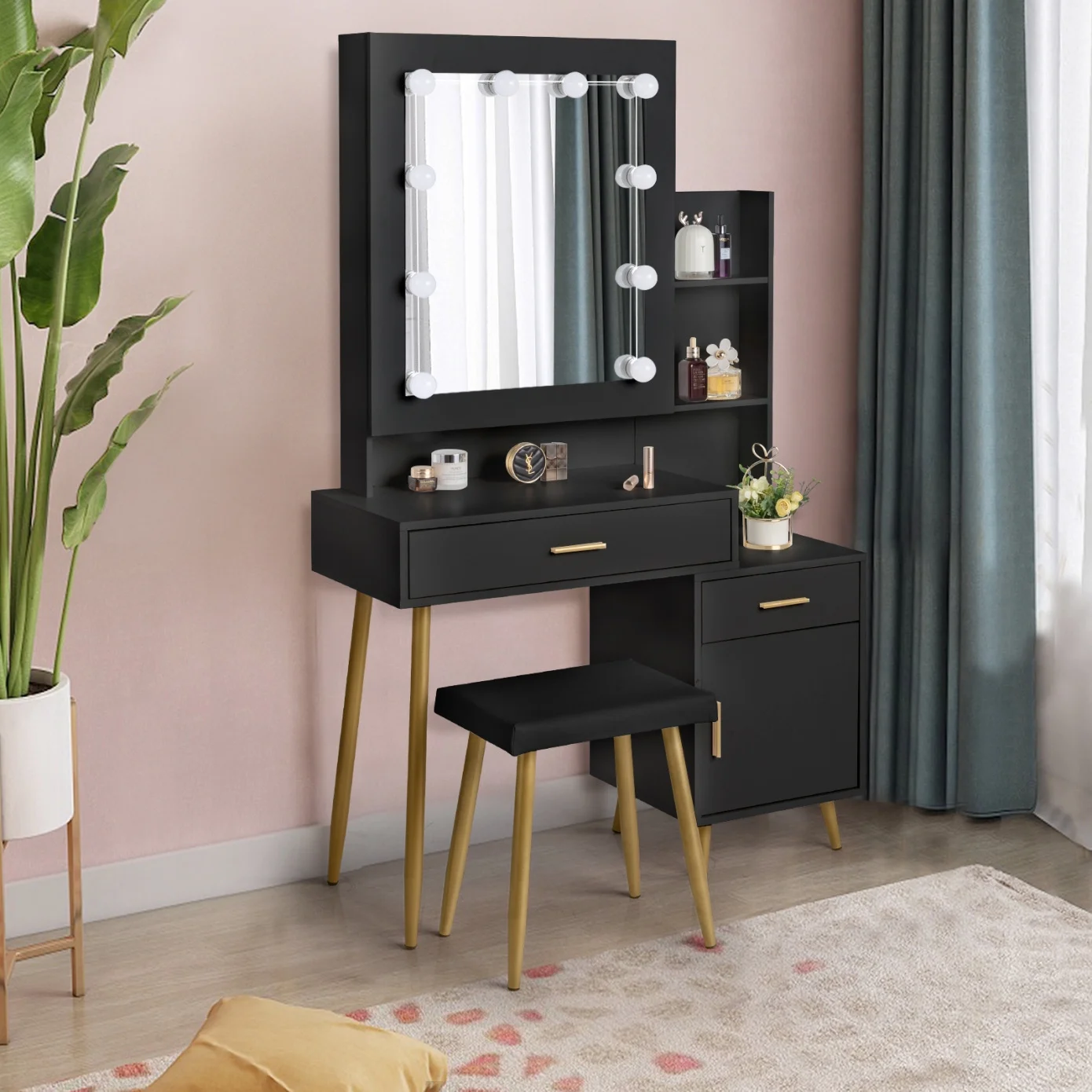 Black Bedroom Makeup Vanity Set, Vanity Desk with Light, Mirror and Cushioned Stool, Modern Makeup Dressing Table for Girls, Wife, Daughter, Mother, Adjustable Light Brightness