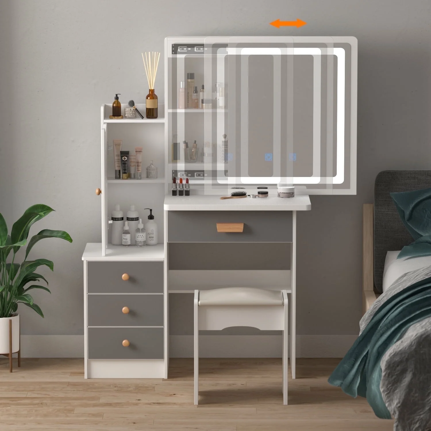 OXYLIFE Makeup Vanity Desk Table with Sliding LED Lighted Mirror, Cushion Stool, 4 Drawers and Shelves, White+Gray