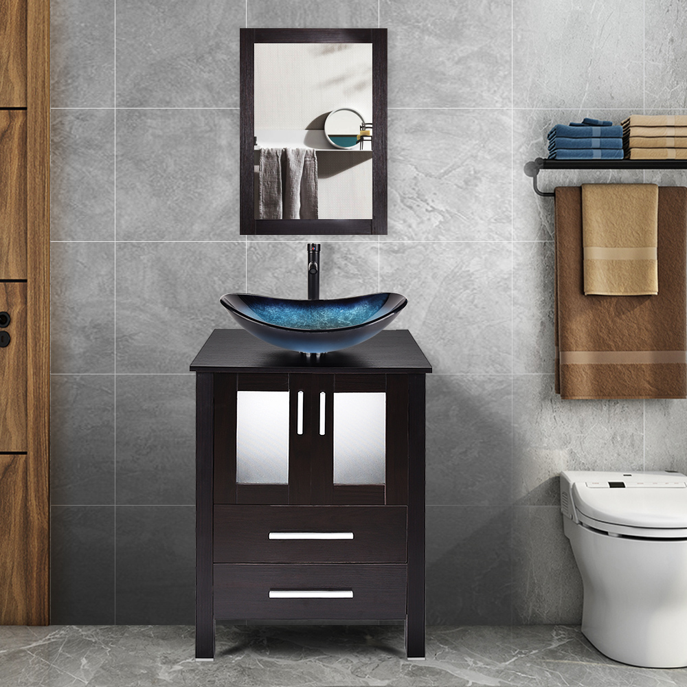 PULUOMIS Vessel Sink and Faucet Combo Bath Sinks with Mounting Ring and Pop Up Drain Round Bowl Basin Brown
