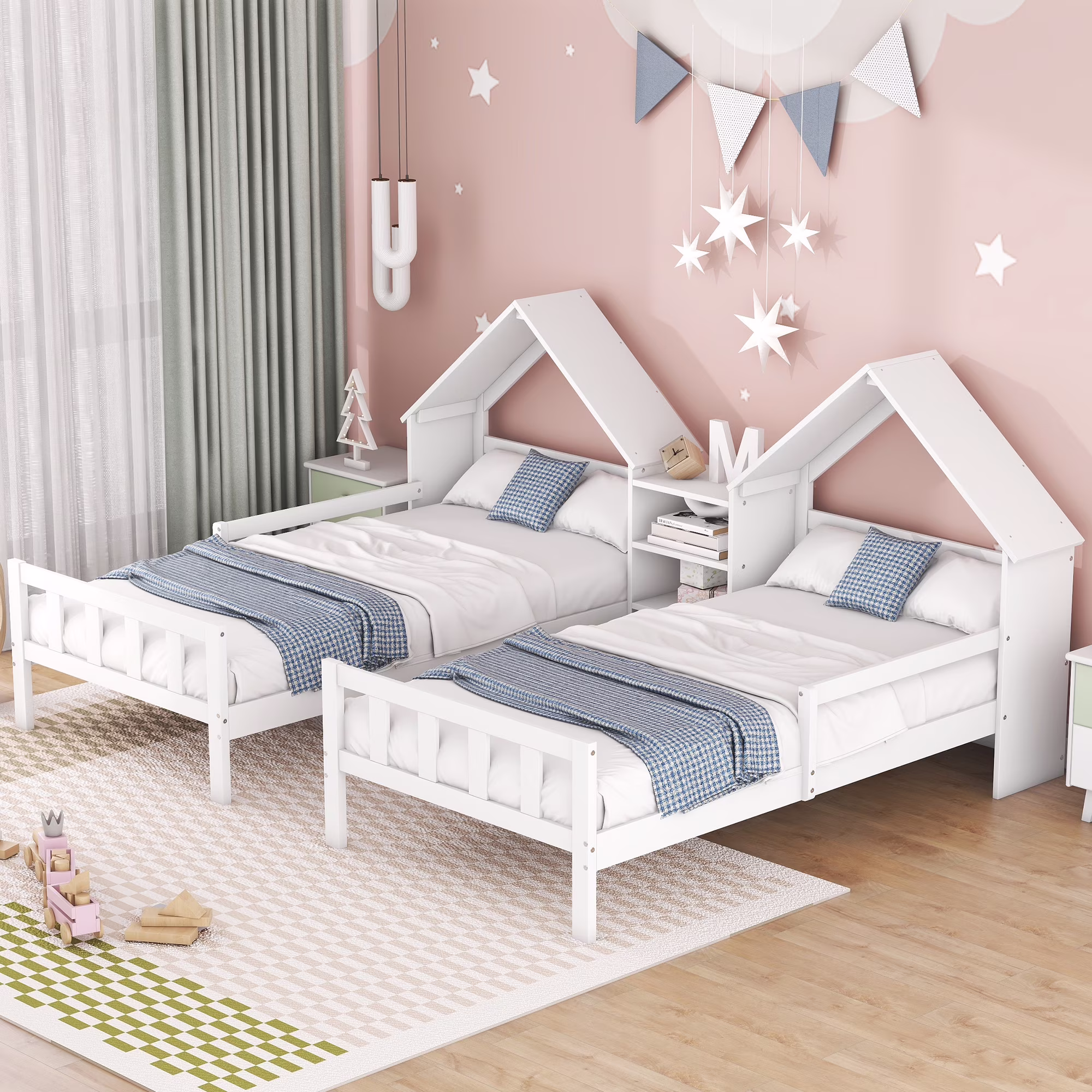 Euroco Twin Size Wood House Platform Bed, Two Beds in One with Desk and Shelf, 2 Platform Beds for More Kids Teens, Gray