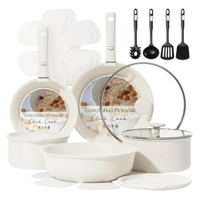 19-Piece Granite-Coated Nonstick Cookware Set with Detachable Heat-Resistant Handles