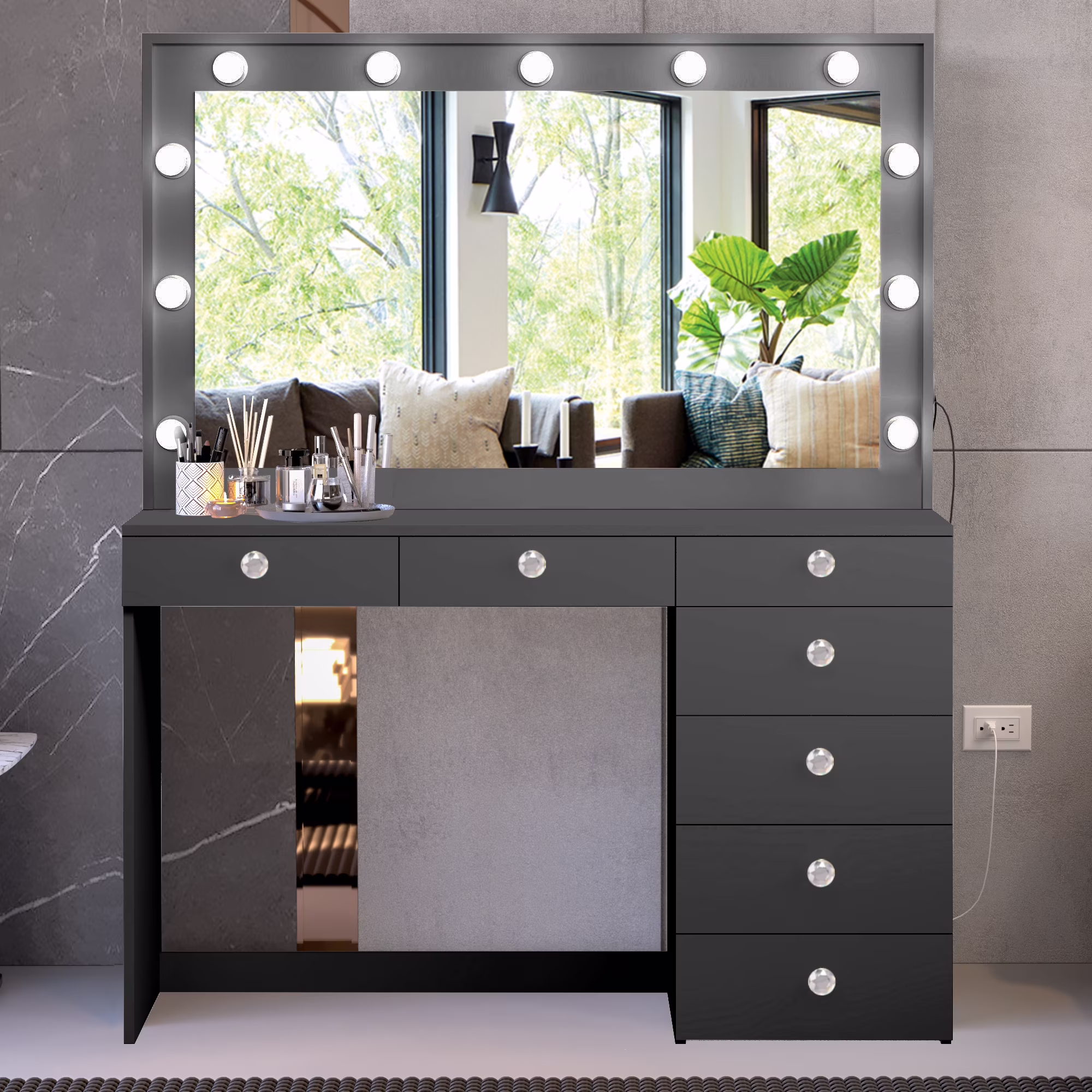 Ember Interiors Peggy Vanity Desk with Lighted Mirror and USB Ports