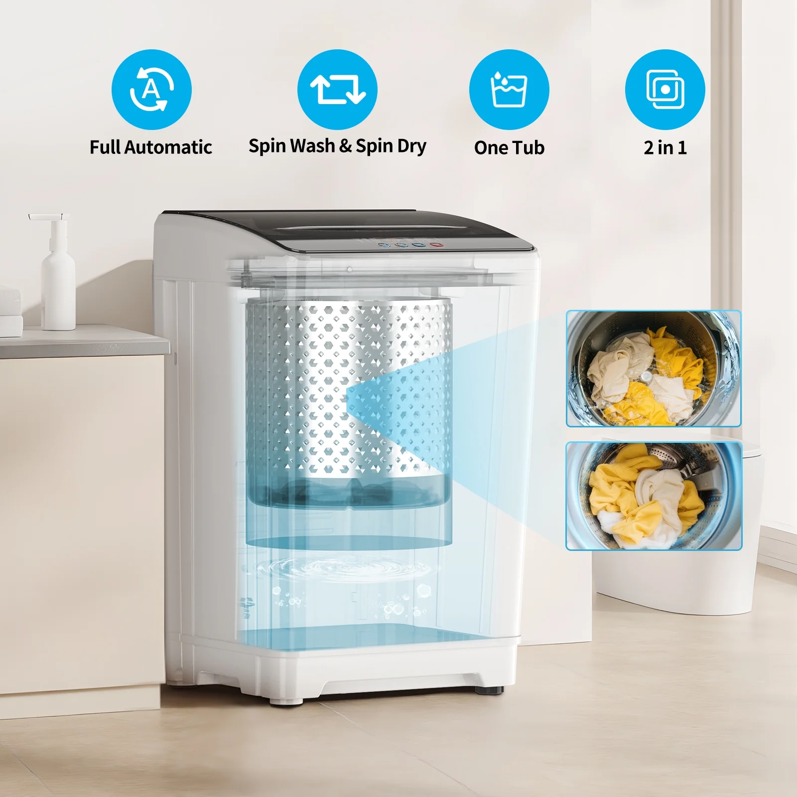 TABU Washer and Dryer Set, 19LBS Fully Automatic Washing Machine & 8.8LBS Clothes Dryer (White&White)