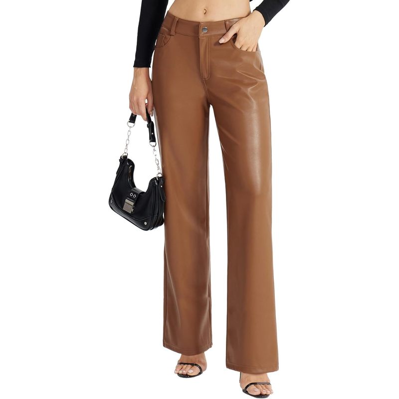 Women's Faux Leather Pants Button Straight Leg PU Jeans with Pockets