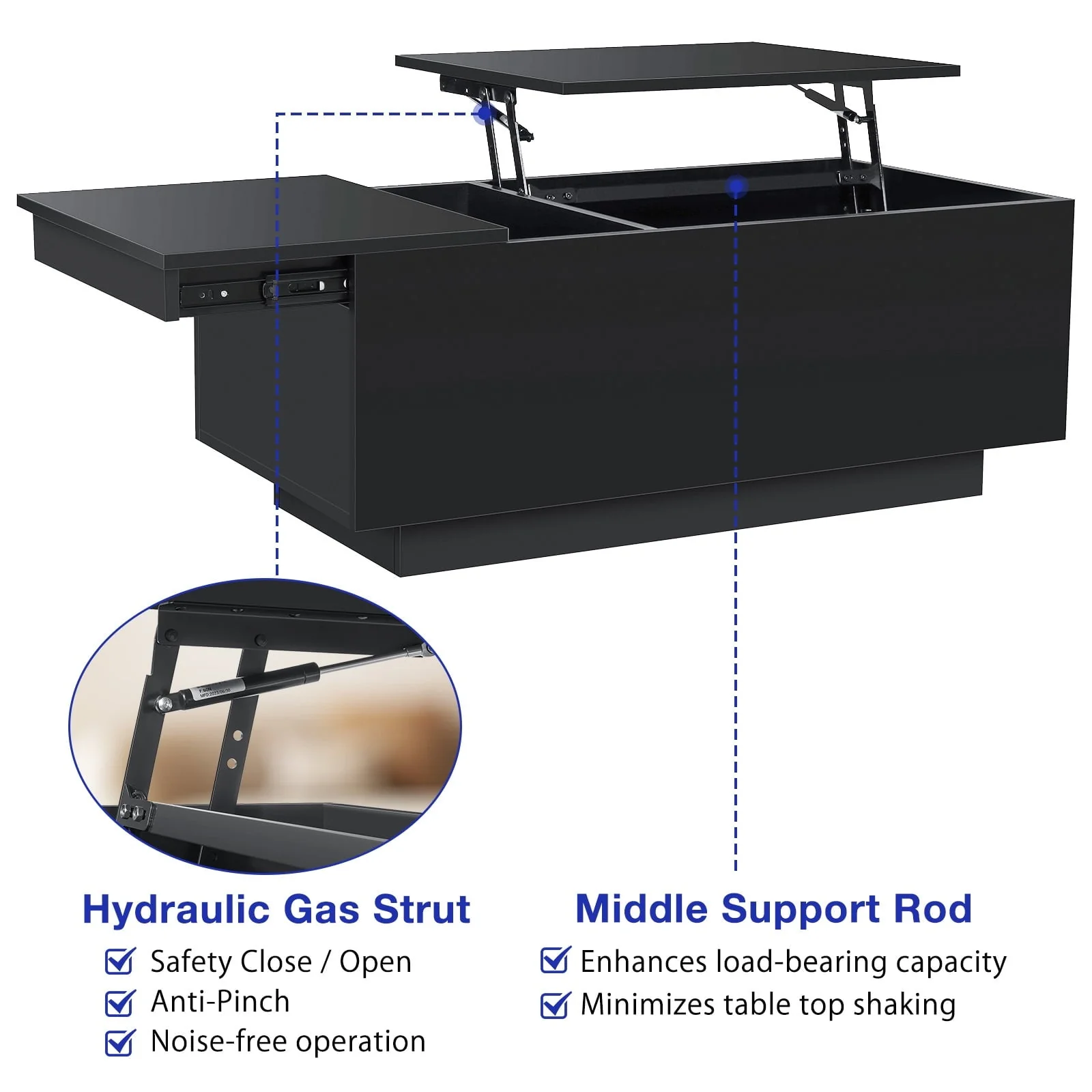 Hommpa LED Lift Top Coffee Table with Charging Station High Gloss Rectangle Center Tea Desk Black Hidden Storage Rising Dining Cocktail Tables Living Room