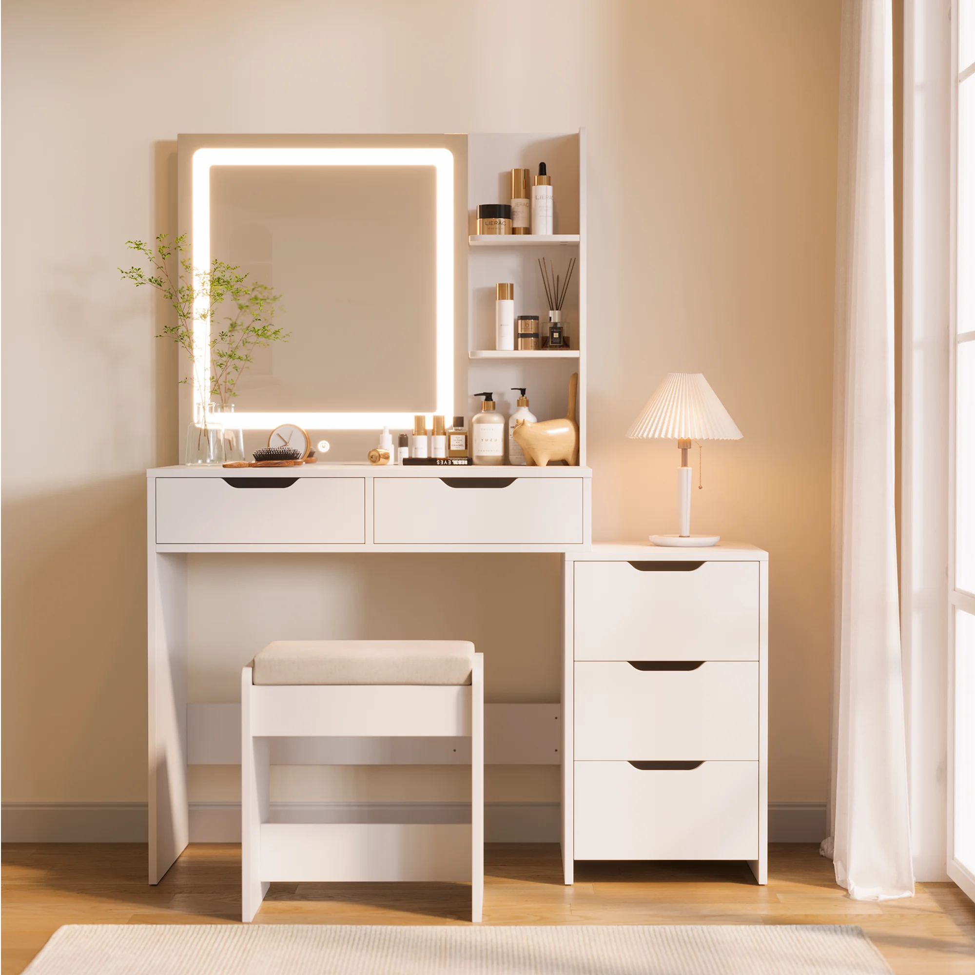Asofer Vanity Desk with Mirror and Adjustable Light, White Makeup Vanity Set with 5 Drawers for Bedroom, Dressing Room