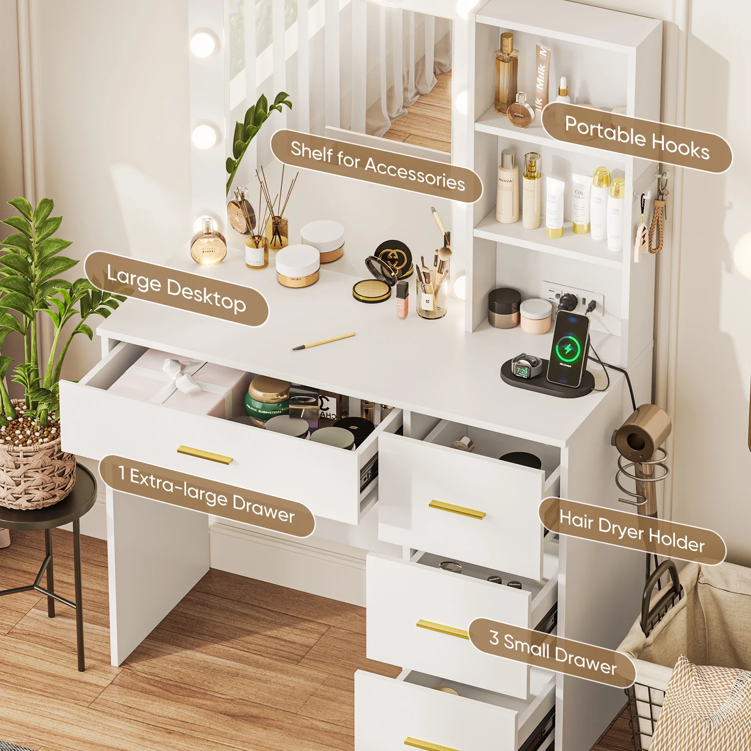 eChamp Makeup Vanity Desk with 3 Color Light & Mirror, Vanity Table with 4 Drawers, Storage Shelf, Power Outlet, Adjustable Brightness Dressing Table, White