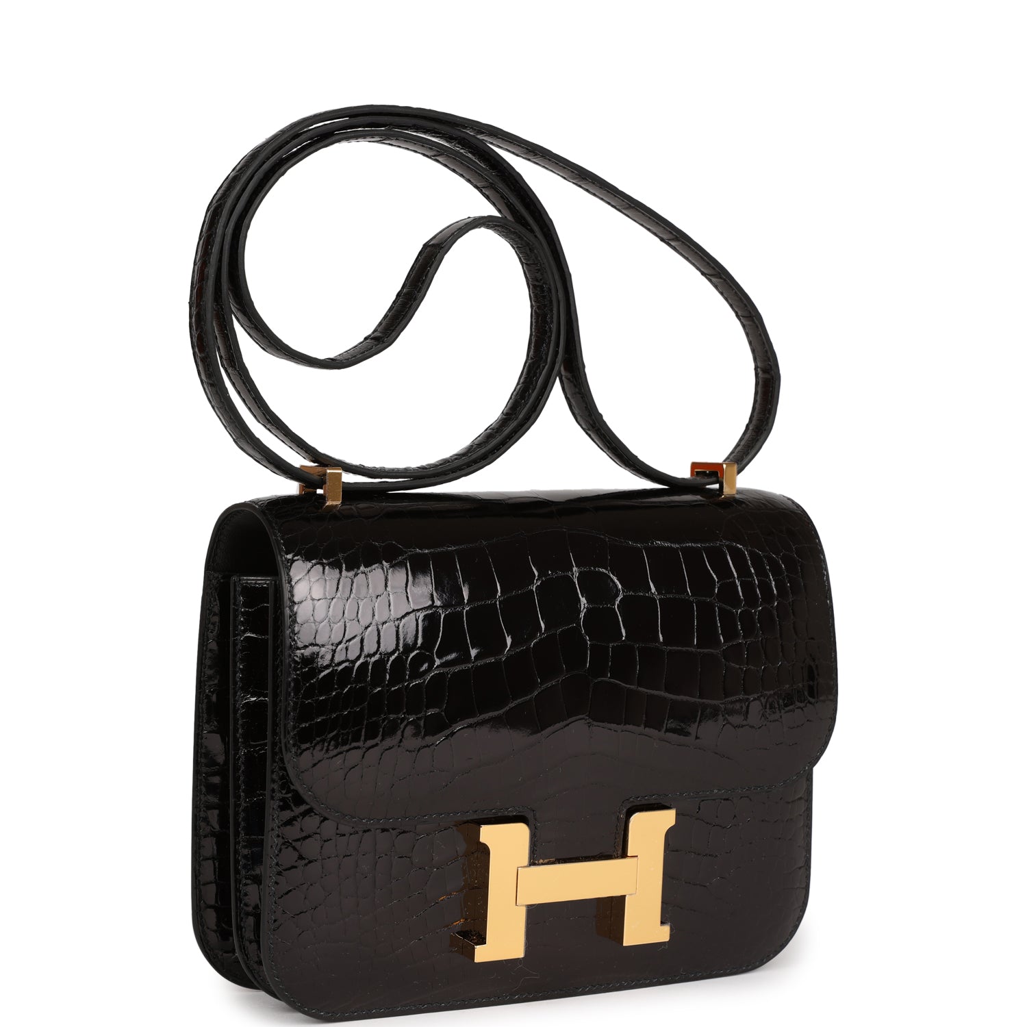Constance 18 Black Shiny Alligator Gold Hardware