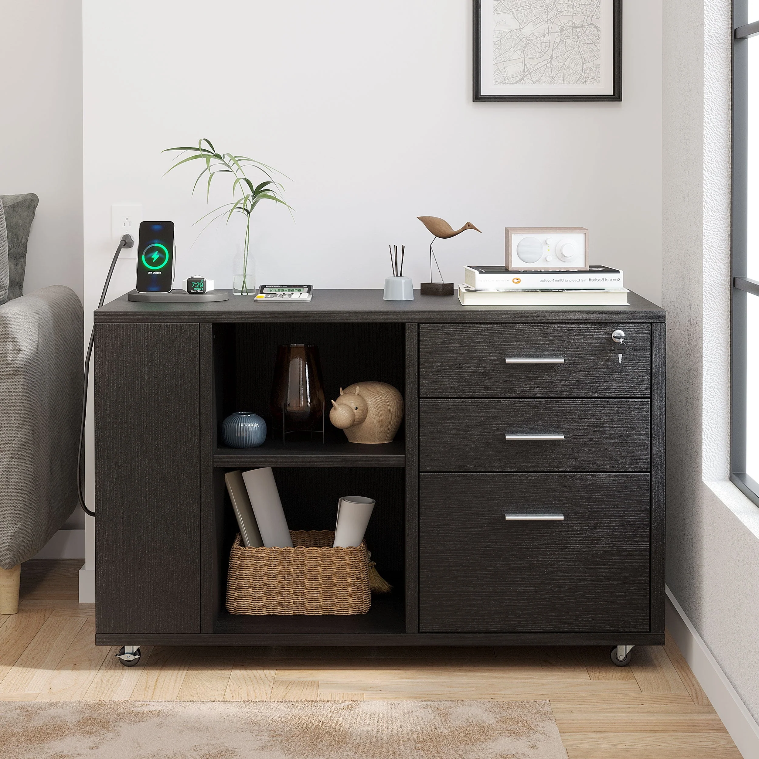 Dextrus File Cabinet with Charging Station, Mobile Lateral Filing Cabinet with Lock for Home Office, Printer Stand with Open Storage Shelf, Fits A4, Letter, Legal Size Files, Office Furniture, Black