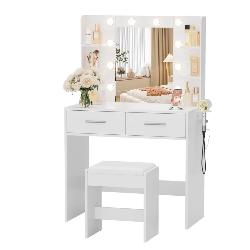Furmax Makeup Vanity Table and Chair Set with 3 Modes Adjustable Lights and Mirror Vanity Desk with Shelves and Drawer, White