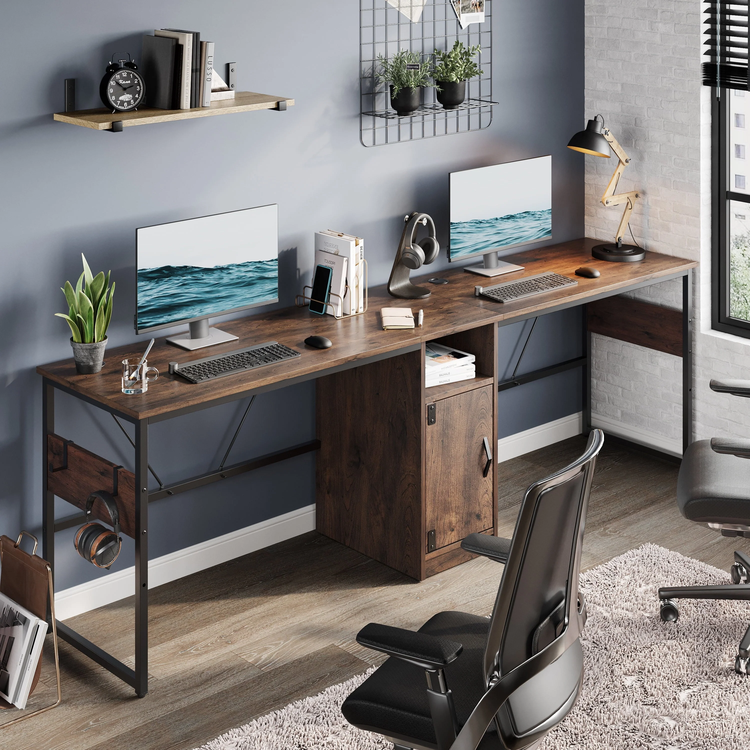 Bestier Reversible 60 inches L Shaped Computer Desk with Storage Cabinet Long Desk for 2 Person Cherry