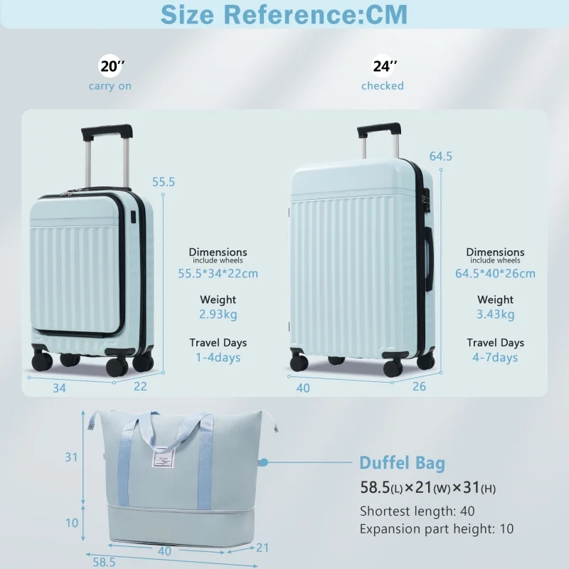 Front Opening Luggage Set 3 Piece, Hardside Carry on Suitcase with USB Port, Expandable Luggage with Handle Bag Spinner Wheels TSA Lock
