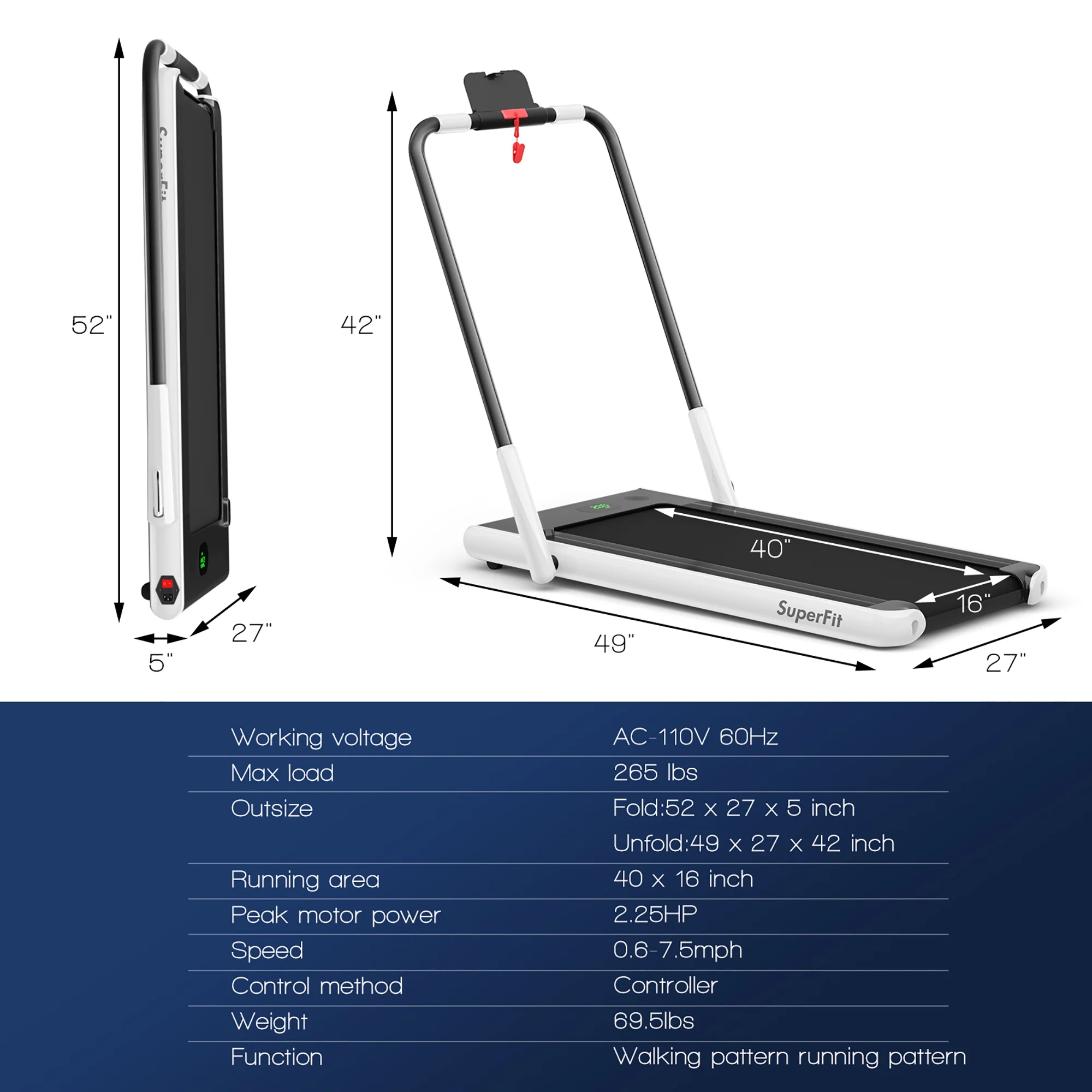 SuperFit Up To 7.5MPH 2.25HP 2-in-1 Folding Under Desk Treadmill W/Speaker Controller APP, Single Display Screen Silver