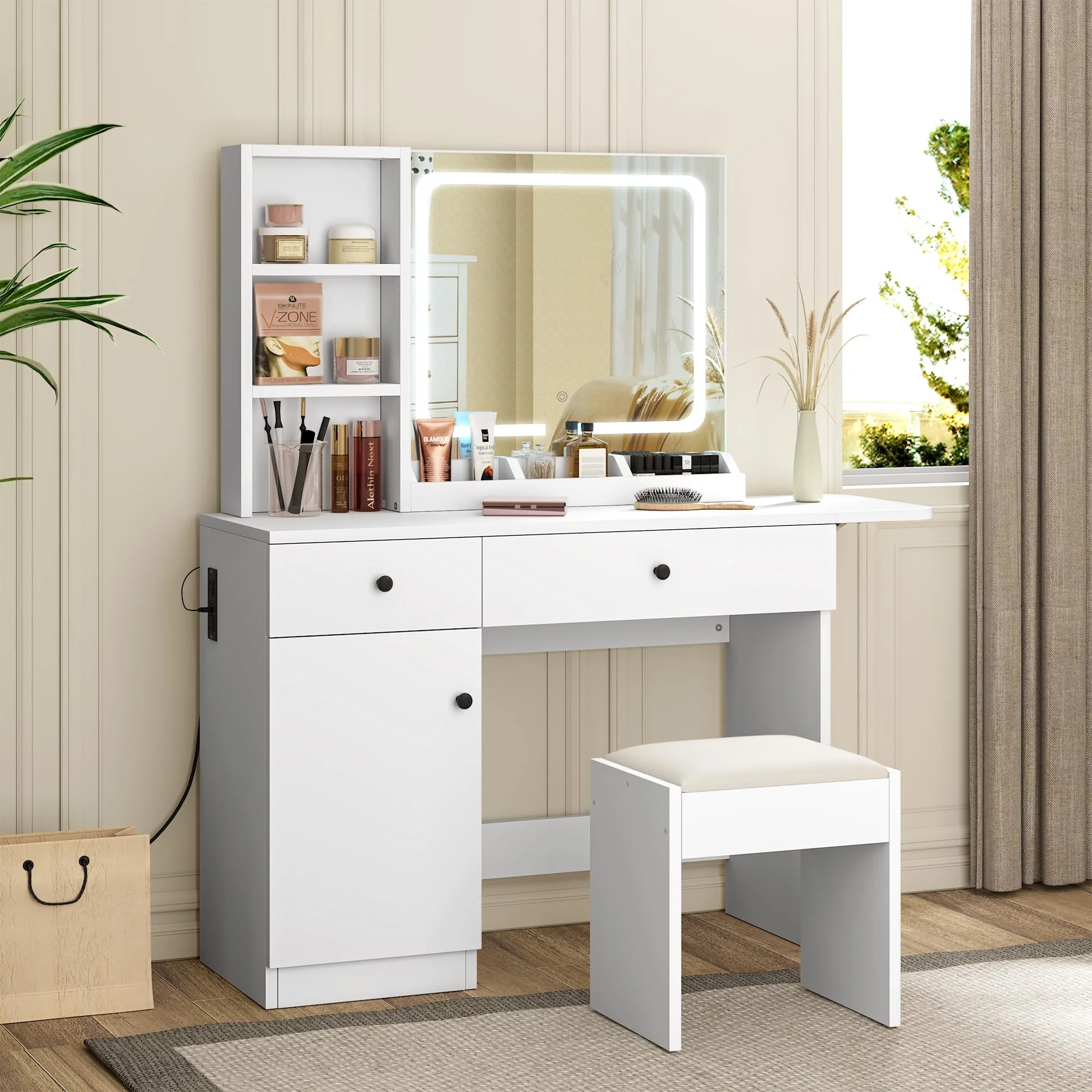 DSstyles Brown/Black/White Vanity Desk with LED Lighted Mirror & Power Outlet, Makeup Vanity with Drawers & Cabinet & Chair, Vanity Table Set for Bedroom