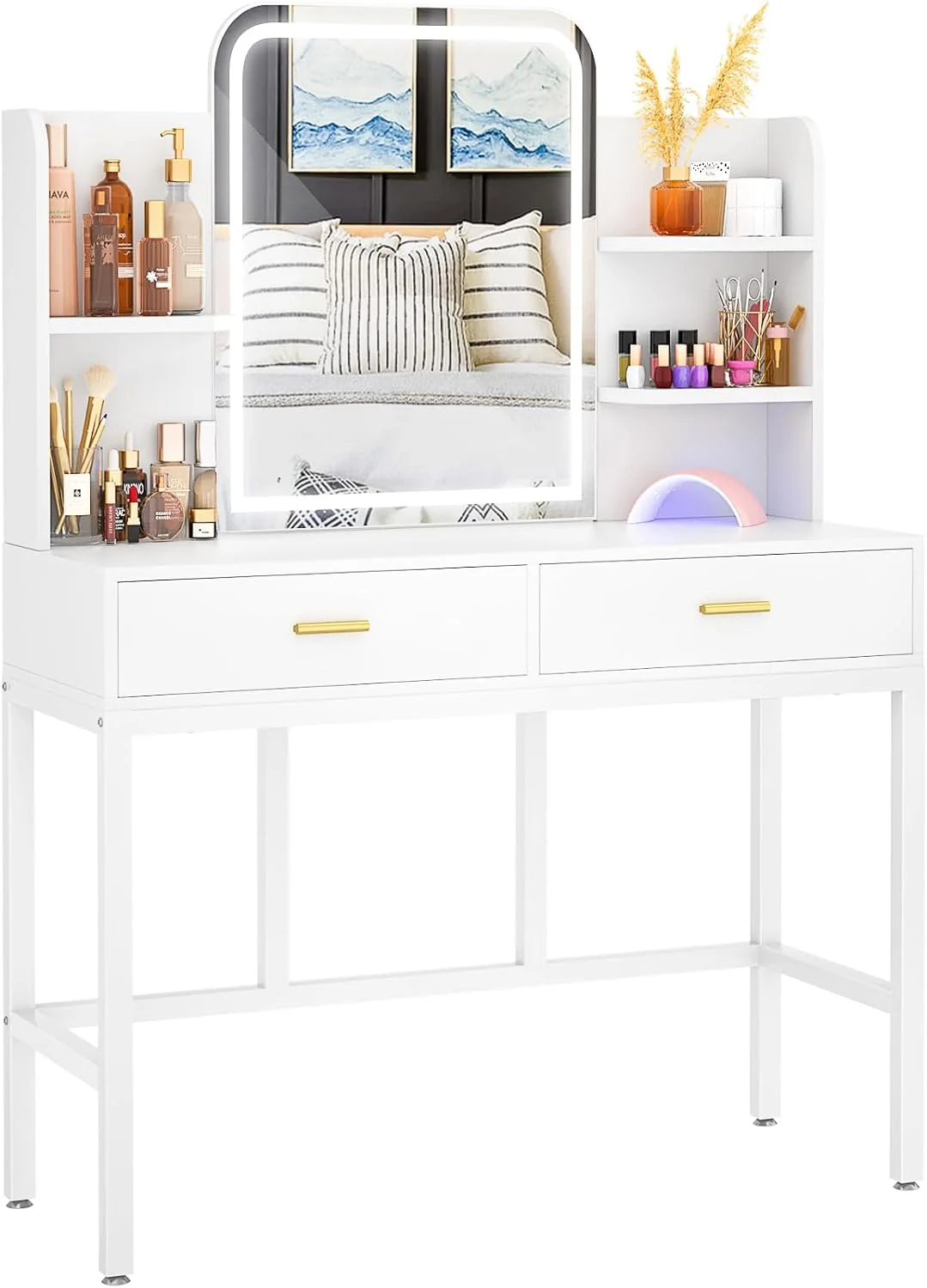 iSunirm Vanity Desk with Mirror and Lights, Makeup Vanity with 2 Drawers, Vanity Table Set with 3 Color Adjustable Lighting Options, Modern Dressing Table with Shelf, for Bedroom, Pink