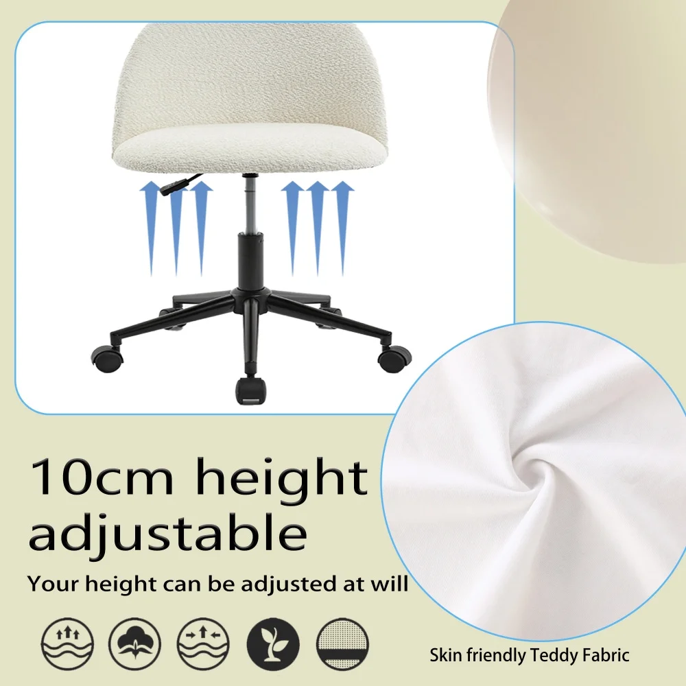 Modern Upholstered Desk Chair with Wheels, Mid-Back Adjustable Swivel Computer Chair with Black Legs, White