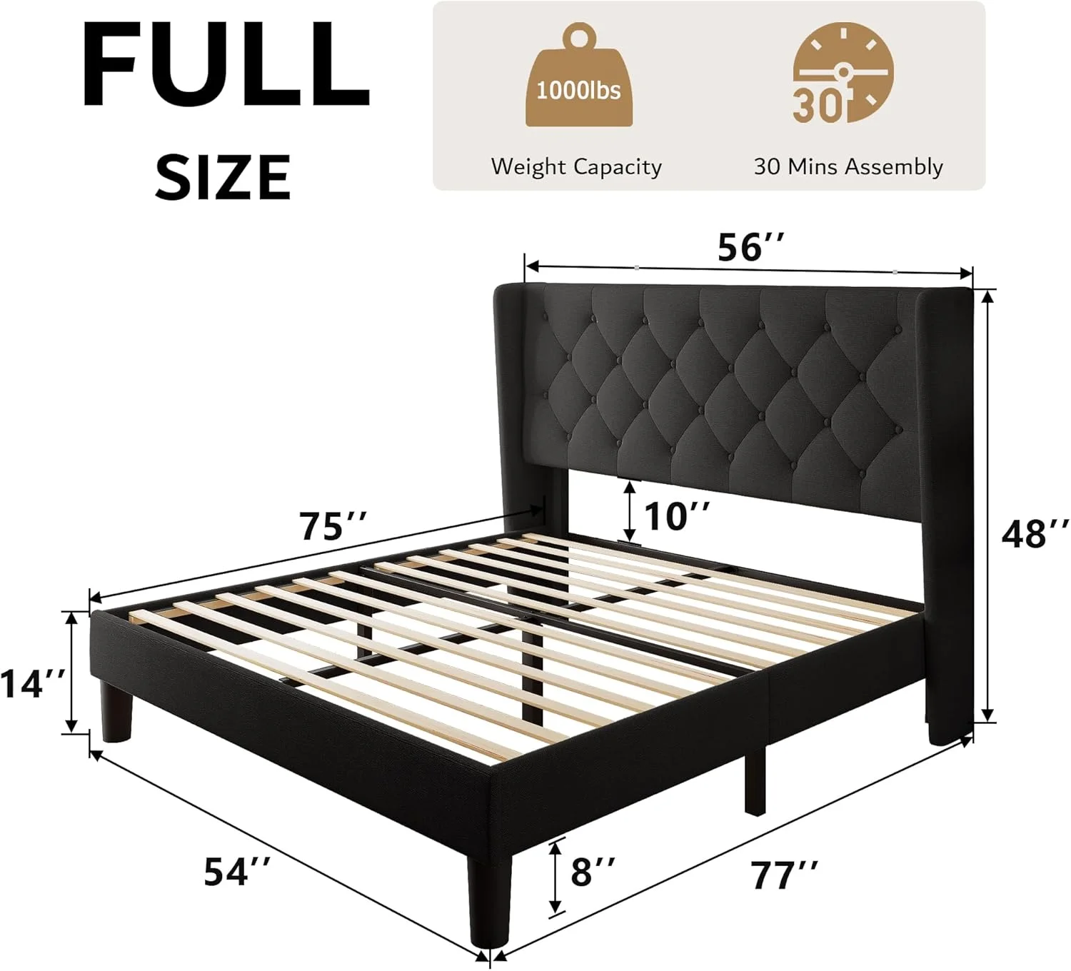 iPormis Full Size Bed Frame with Diamond Button Tufted Wingback Headboard, Upholstered Platform Bed Frame with Strong Wood Slat Support, No Box Spring Needed,Black