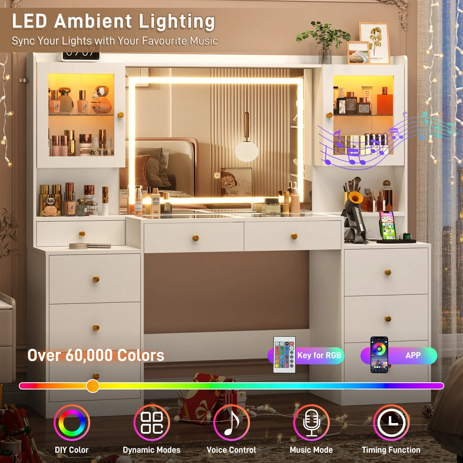 Blotout 62'' Large Vanity Desk w/60000-color LED Lights, Tempered Glass Top, Power Outlet, Makeup Vanity Table w/ 3 Lights Mode Mirror, 9 Drawers, 2 RGB Cabinets, LED Dressing Table for Girls, Women