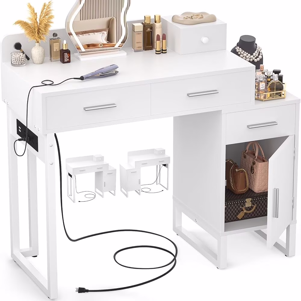 Vanity Desk With 4 Drawers and Cabinet, Makeup Vanity Table With Charge Station Socket, Small Space Makeup Bedside Cupboard, Gift for Her Choice, Suit for Apartment/Dorm/Bedroom, Cute Pink